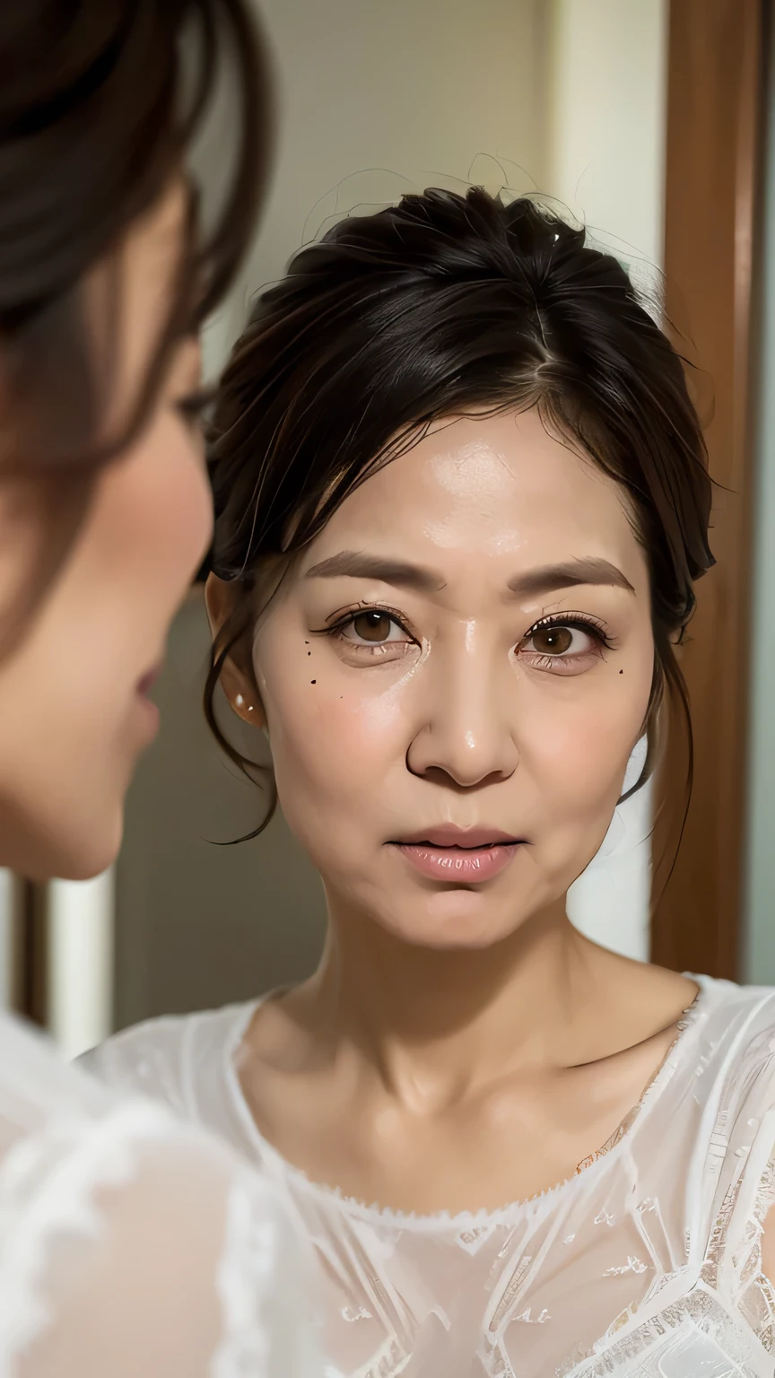 ((highest quality, 8K, Ultra high definition)), ((masterpiece: 1.3)), (Perfect appearance), (Photorealism: 1.6), (JMA), ((A Japanese MILF stands in front of a mirror)), (Face washroom: 1.2), ((Realistic skin texture)), (Fine wrinkles all over the skin, Dull skin, Unmoisturized skin, Wrinkles around the eyes, double eyelid, Lower eyelid tear trough, Crying Mole, Dimples), (Disheveled long hair), A little gloomy look, (Open your lips slightly), ((Lace long slip)), (Sheer slip:1.35), 