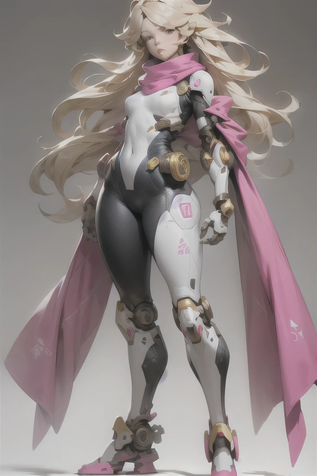 masterpiece, best quality, 1girl, bodysuit, full body , long hair, blonde hair, mechanical arms, medium breasts, pink scarf, science fiction, solo, standing,  simple background 