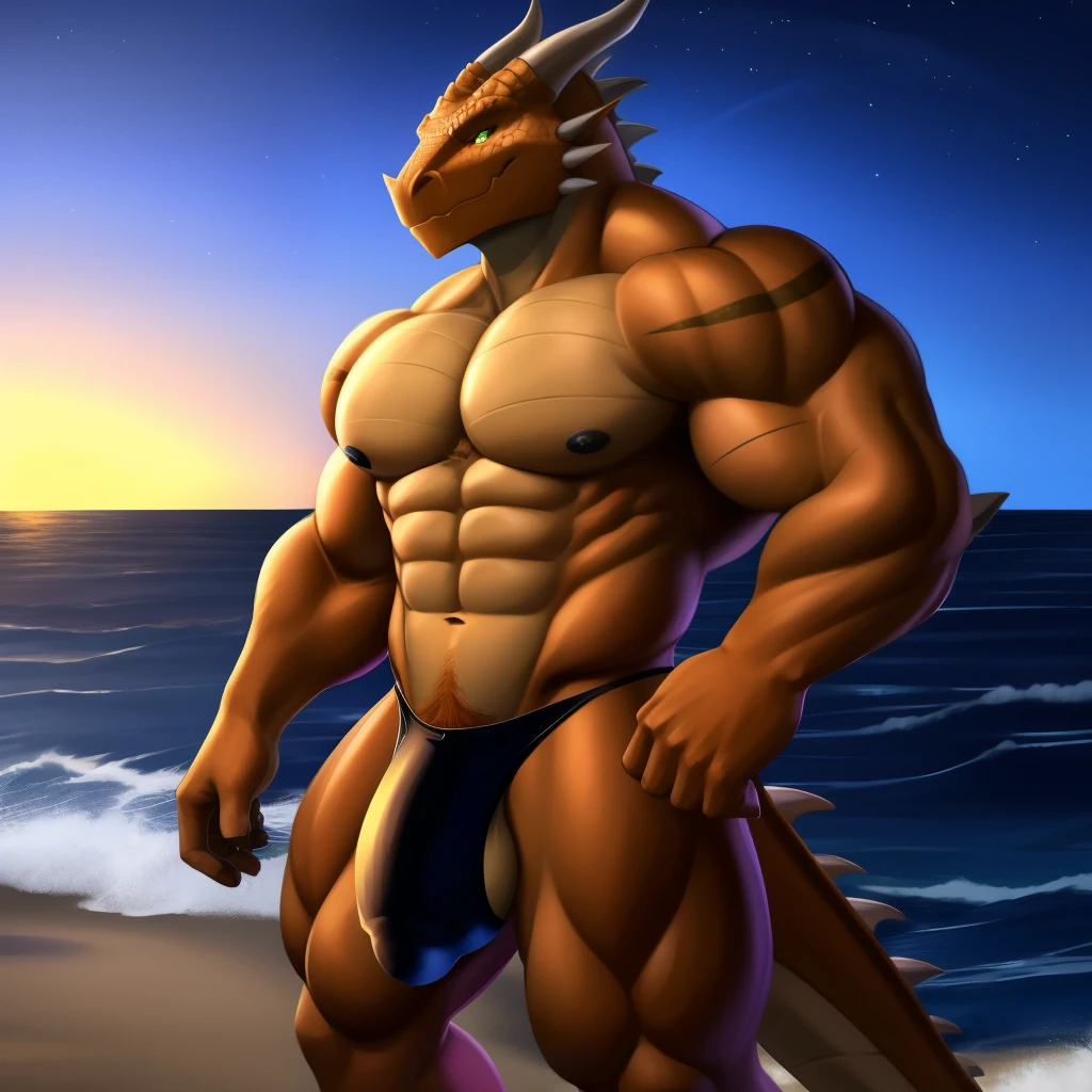 A muscular male dragonborn stands by the sea at night,The thongs have a huge genital profile