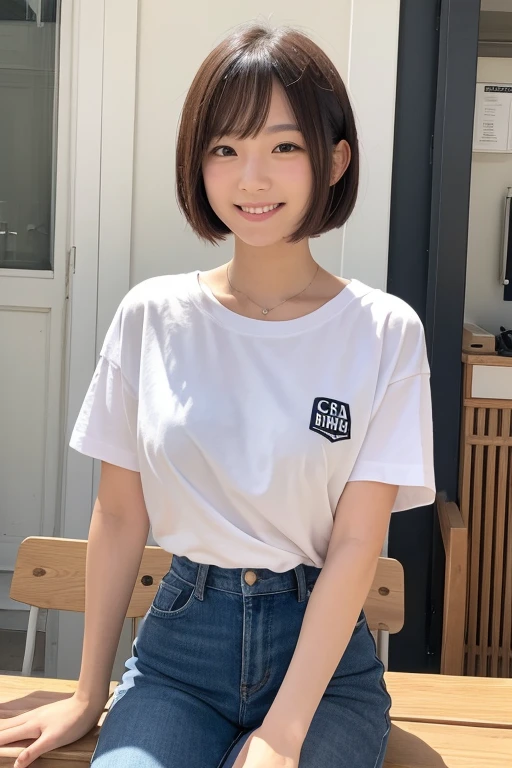 muste piece, Top quality, 8K, , japanese girl, slender, Raw photo, absurd, award-winning portraits, (detailed face, shy smile), solo, Transparent white T-shirt made of very thin material、 sailor uniform, short sleeve, idol face, super mini skirt, short socks, slim legs, shoes, whole body shot from the bottom of the stairs, whole body shot from a Low - Angle, detailed face), refreshing shy smile, slender girl, Golden short-cut hair, dark eyes, whole body, digital single lens reflex, look at the viewer, Frank, sophisticated, like々New, perfect whole body balance, (Low - Angle), professional lighting, (Eye and face details: 1.0), (It's blurry: 1.1)