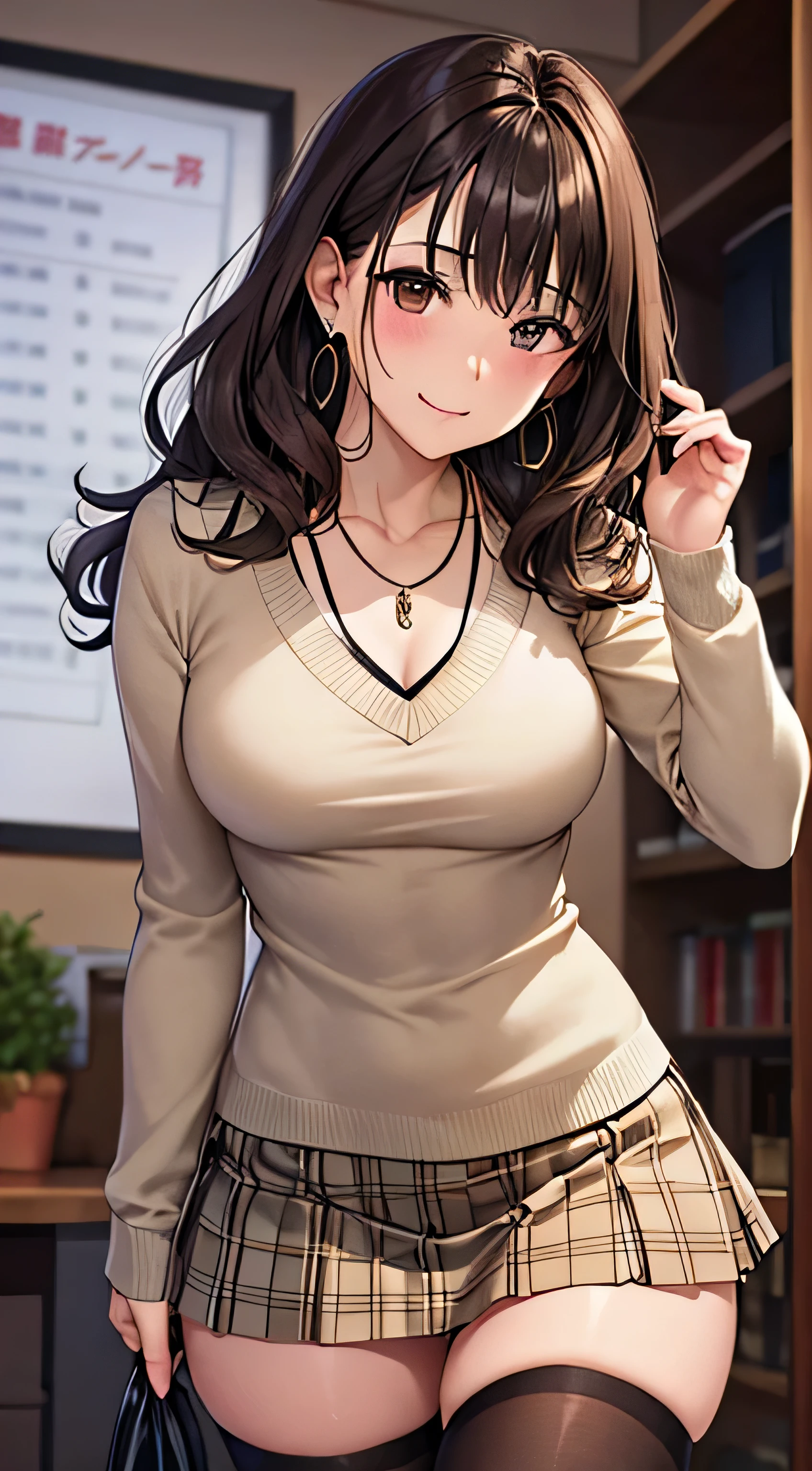(Tabletop, highest quality, High resolution, , Pixel Perfect, 4K,), 1 girl, single, alone, Beautiful woman、I could see the whole body、 ((Wavy mid-length hair, bangs, Brown Hair)), ((Brown eyes, Beautiful eyelashes, Realistic eyes)), ((Detailed face, blush:1.2)), ((Smooth texture:0.75, Realistic texture:0.65, Realistic:1.1, Anime CG Style)), Center of chest, Dynamic Angle, Perfect body, ((, female teacher, , Earrings、necklace、Light beige open neck sweater、Long flared skirt in dark blue、Black knee-high stockings、Please lift up your skirt and show me your pants.、A shy smile、Put your hands behind your back、Leaning forward、)), look up、、(、Pink lace panties、、Angle from below)、