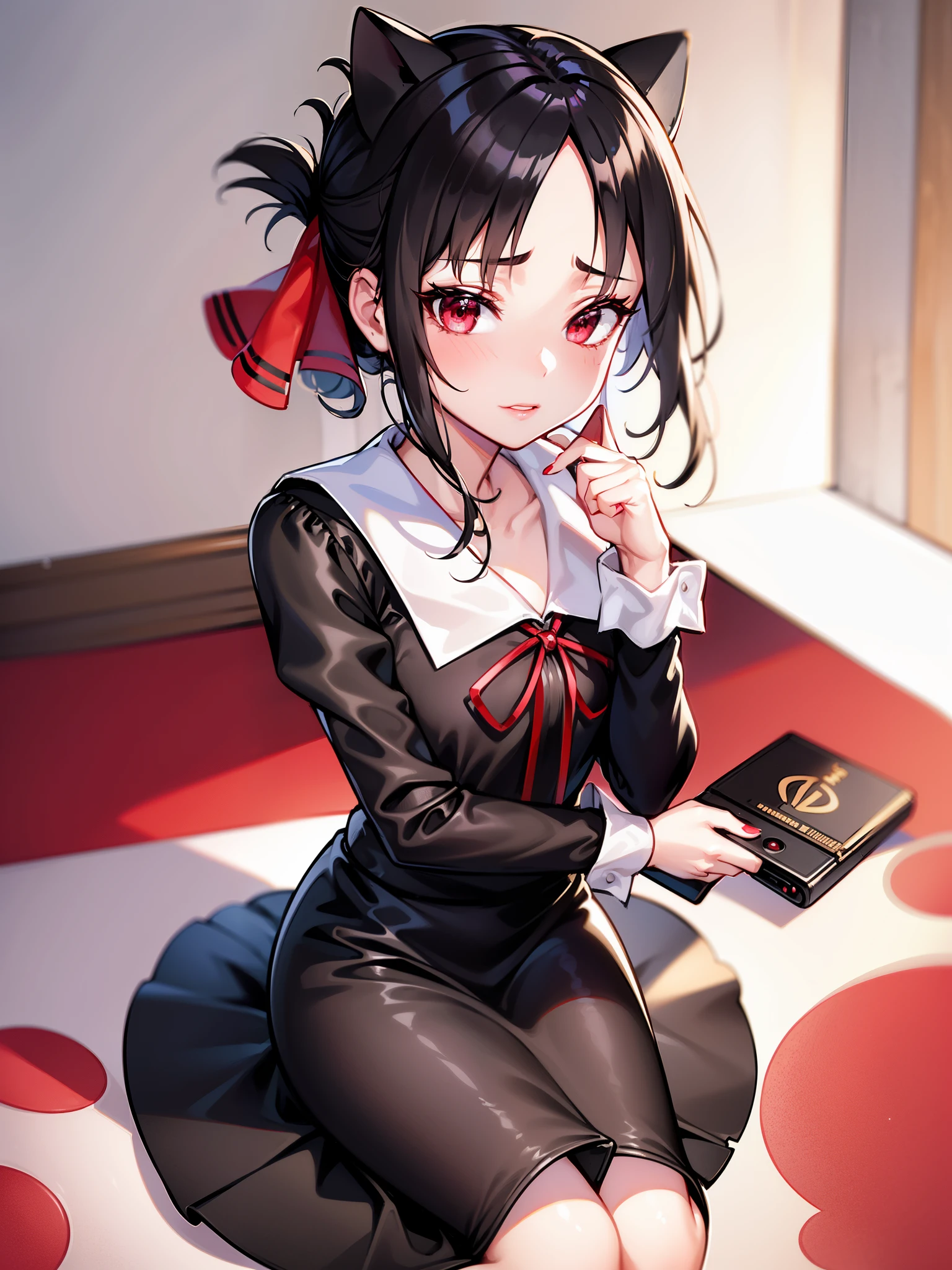 masterpiece,best quality,absurdres, scalable image, 4k, detailed, manwha style, digital art, 1girl, shinomiya_kaguya,( corporate office:1.4),glass windows, skyscrapers, brown see through sleeves, skin tight sleeves, layered sleeves, pov, From above, red layered bridal gauntlets, bare shoulders, piercing, earings,floating hearts, heart earings, fur trimmed, steaming body, in heat, detailed face, cat ears, dawn, maid, maid outfit,  mamashuuchiin_academy_school_uniform, red_eyes, heart-shaped pupils, ribbon, red_ribbon,( detatched sleeves:1.2), makeup, eyeliner, eyeshadow, eyelashes, long eyelashes, mascara, nail polish, crimson red nails, long nails,thick lips, full lips, burnt orange lips, glossy lips, shiny lips, school_uniform, looking_at_viewer, evil smirk, hair_ribbon, revealing clothes, cleavage, cleavage cutout, bangs, black_hair, folded ponytail, parted_bangs, parted lips, minidress, breasts, short_hair, shiny_hair, shiny, collarbone, sidelocks, long_sleeves, collared_dress, nose blush, floating_hair, phone ringing, phone, used condom,