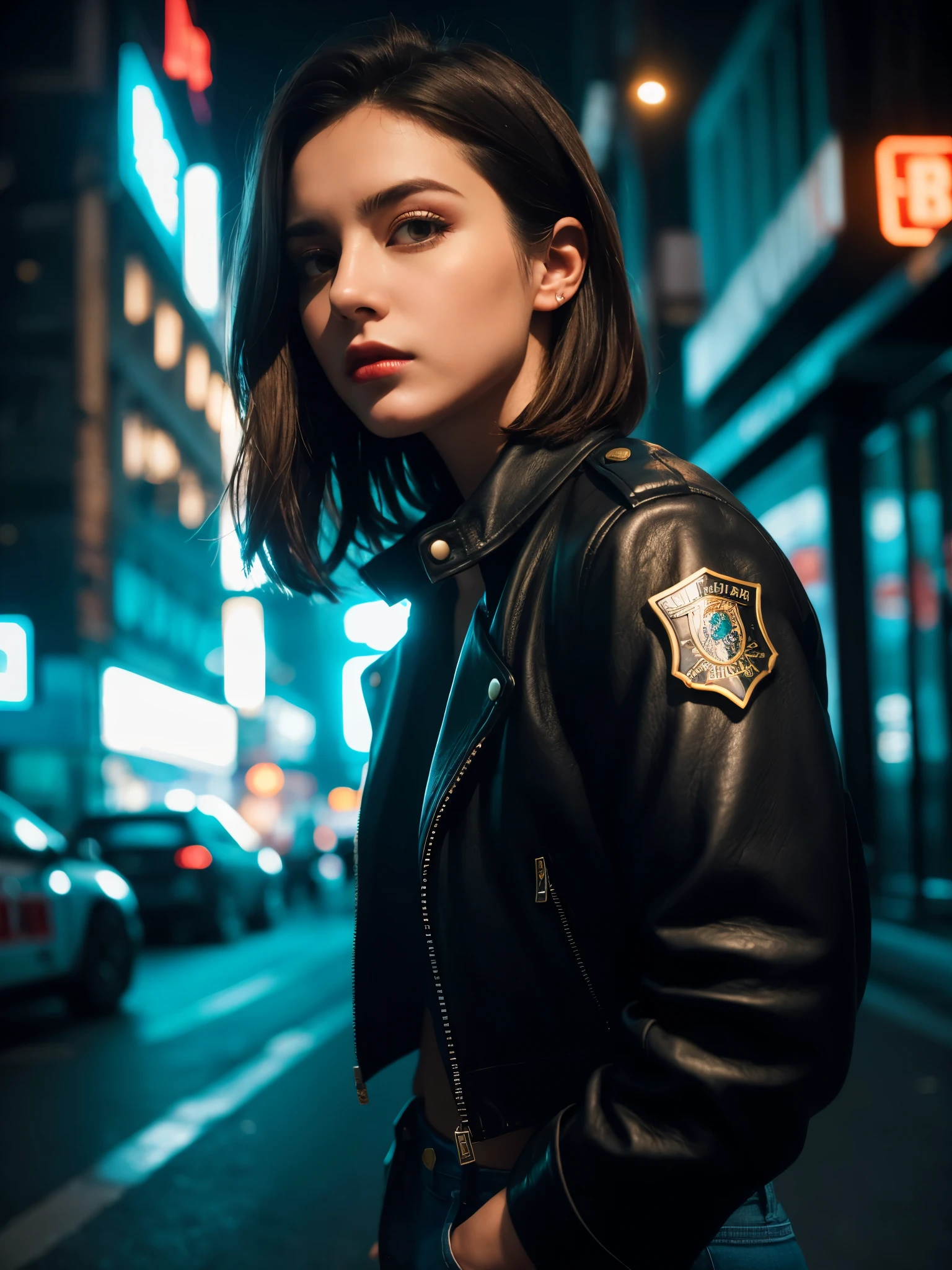 Portrait of a beautiful female model natlp, Georgia Fowler, Beautiful Face, Short dark brown hair, Cyberpunk city at night. She is wearing a leather jacket, Black jeans, Dramatic lighting, (Police Badge:1.2)