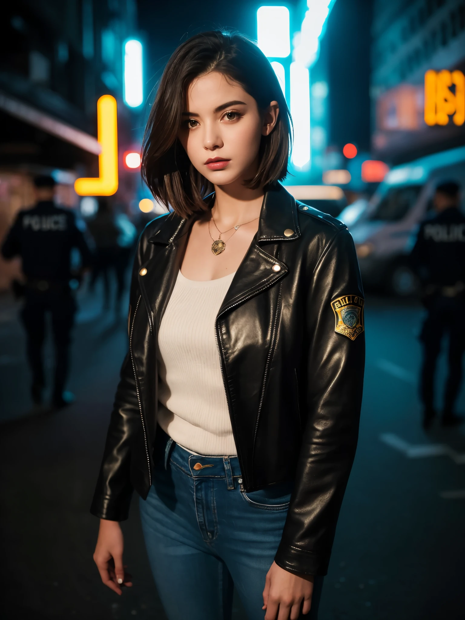 Portrait of a beautiful female model natlp, Georgia Fowler, Beautiful Face, Short dark brown hair, Cyberpunk city at night. She is wearing a leather jacket, Black jeans, Dramatic lighting, (Police Badge:1.2)