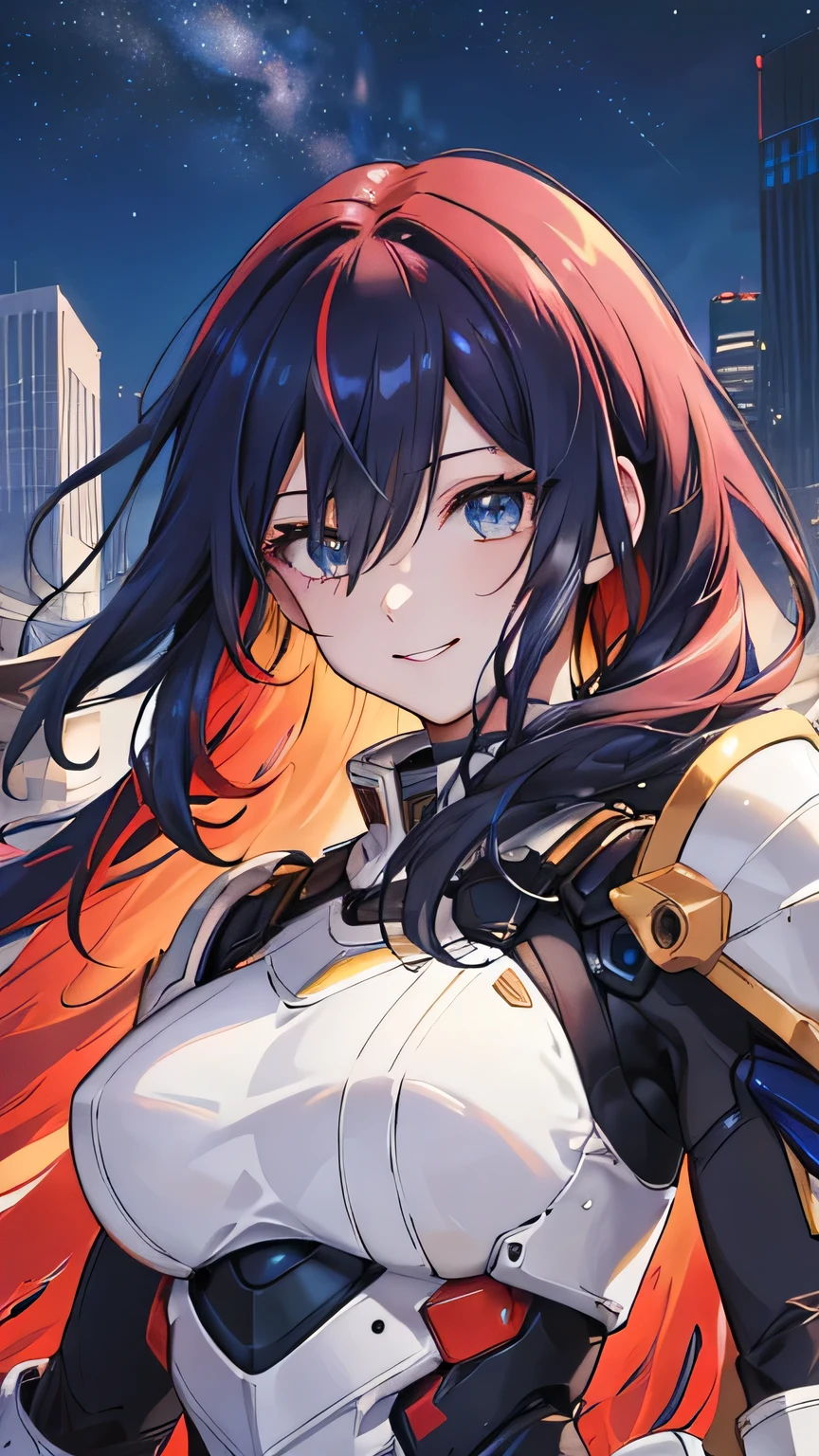 ((best quality)), ((masterpiece)), (detailed face and eyes), detailed hands and fingers, perfect face, accurate, textured skin, high details, multicolored hair, gradient hair, hair between eyes, hair over shoulder, big hair, hair over eyes, hair flaps, mole under eye, tareme, smile, Expressionism, anime, sparkle, Science fiction, mechanical body, armor, android, mechanic parts, night sky