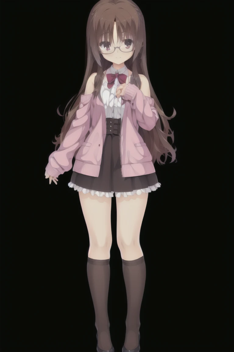 1girl,solo,smiling, glasses, woman, brown hair, medium hair, A frilly pink sweater with exposed shoulders, black skirt with a ribbon,medium breast, full body, full body, thigh-highs,Character portrait, whole body, expensive_solve, clear_image, expensive_Contrast, 8k, Sparkling, beautiful_detailed_face_and_eye, (Brown Hair:1.25), 白 eye,Black background