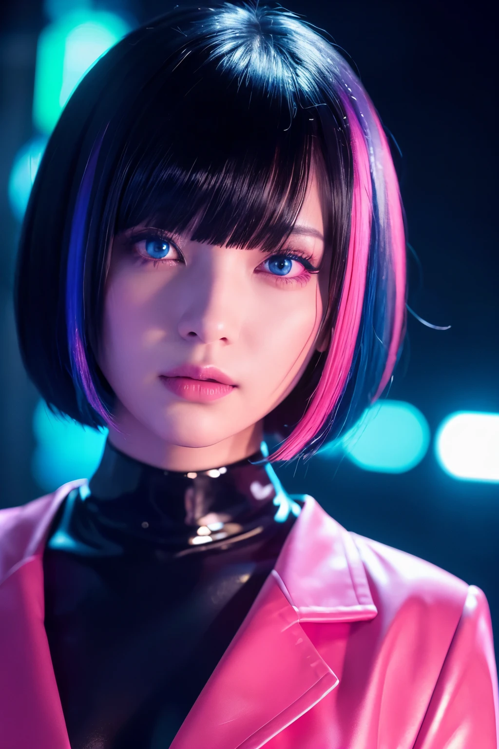 The background is a scene lit up with neon lights.、A woman with a black bob cut is standing。Her hair is shiny、Face is turned sideways、Staring at the camera。Blue and pink neon lights glow behind her、Vivid light bokeh is used effectively。The women's costumes are traditional Japanese clothing.、The neon light reflections create a modern atmosphere.。The overall atmosphere is fantastical and cyberpunk.。