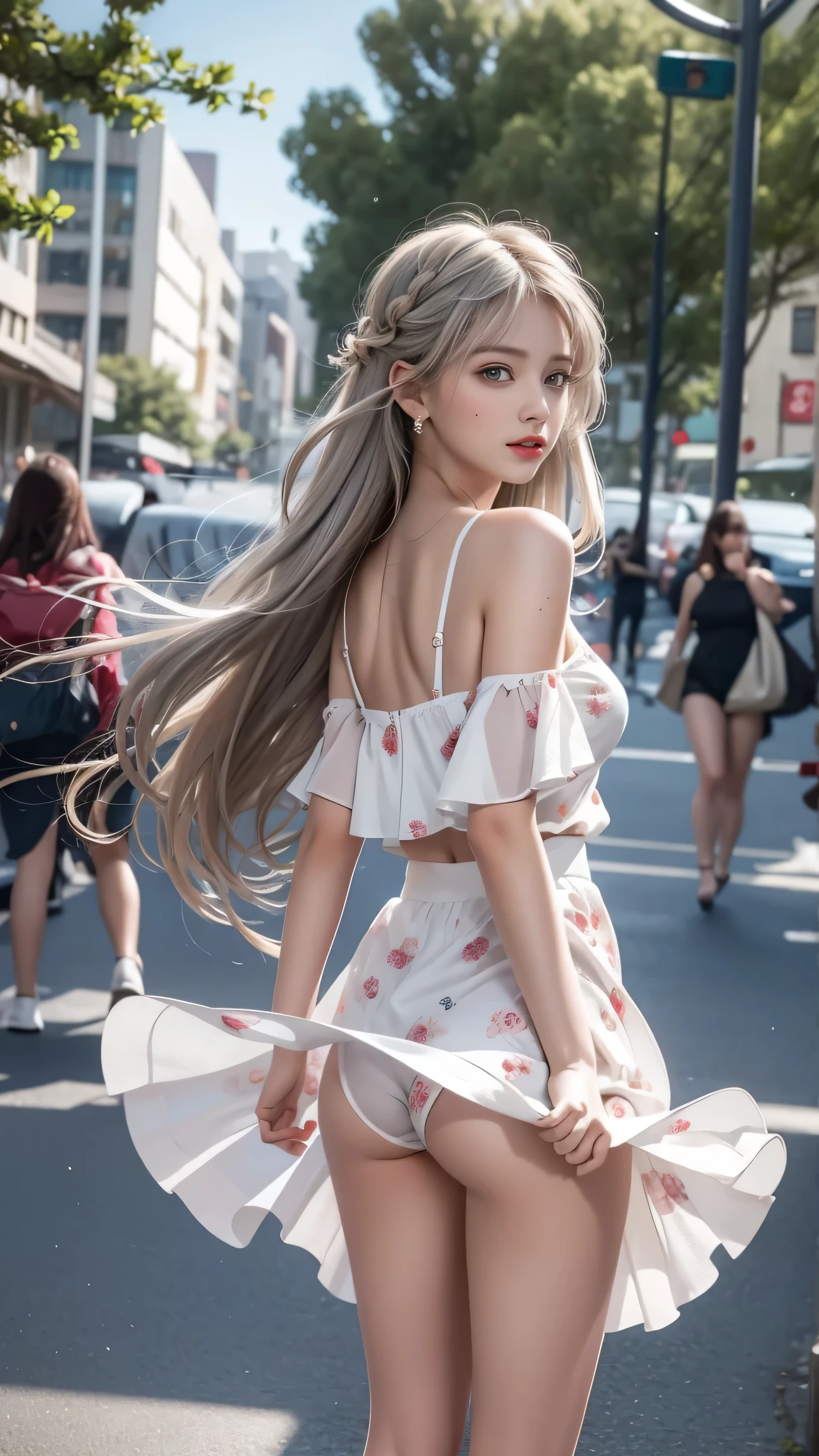 Top quality work、Real works、Ultra Premium Graphics、8K HD CG Works、High Quality Graphics、High-definition CG works、10x pixels、Ultra-fine detail：1.1、Advanced Technical Details：1. 1 PhotoReal、（ walking in the park）Natural light：1.5.Light Effects（Virtual Light Effects：1.8）、Wet Long Silver Hair、Silver Hair、Transparent hair、Highly detailed hair（Premium Hair Detail：1. 1）Clear Eyes、Beautiful double eyelids、Sharp eye makeup、Delicate eyelash makeup、Thin eyebrows、Eye for detail、High nose、Nice red lips、Rosy Cheeks、Delicate makeup face、Cute Face、Perfectly Proportioned Face、（Advanced Facial Detail：1. 1）、Shine、（Off-the-shoulder semi-transparent white floral dress）、girl、photo shoot、woman＆＃39； Work of、whole body、Real、wonderful、My eyes are shining today、、(Sudden、Wind)、(The wind flips up my skirt)、(I can see her panties)、((Rear view)),((look back)),

