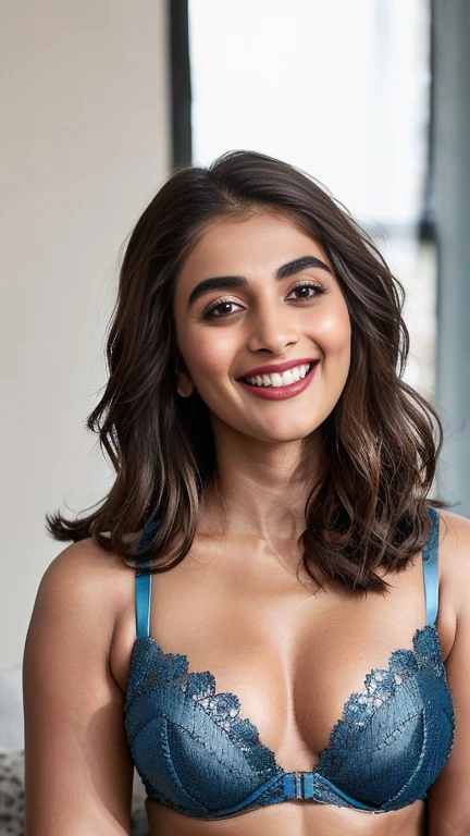 Selfie style,Half-body close up portrait of Pooja Hegde, posing for naturally at home, with a seductive smile and a confident gaze directly at the camera. Her juicy lips are slightly parted, and her swooping breasts and curvy figure are accentuated by a form-fitting bralette navel is exposed, adding to the sensuality of the image. The lighting cool and flattering, with a hint of a blue glow, 70-200mm lens, f/4, eye-level shot, hyper-realistic, ultra-detailed, high-dynamic-range, perfect lighting, flawless skin,messy middle class bedroom background