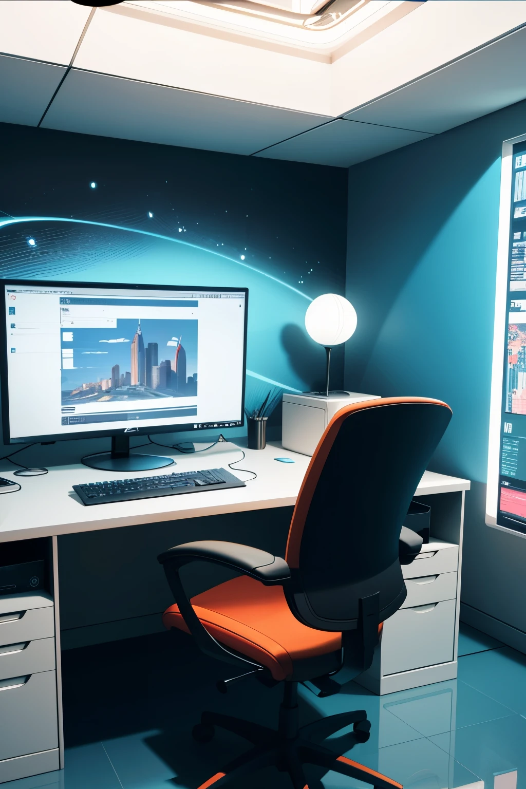 In front of the window there is a computer desk with a monitor and a chair., Futuristic room background, retro Futuristic apartment, Futuristic room, Futuristic interior, Desktop Graphics, Futuristic. Game CG, Futuristic decor, 3D iOS Room Photos, cgsociety 9, Gorgeous 3D rendering, Stunning 3D rendering, Stunning 3D rendering, Apartments in cyberpunk