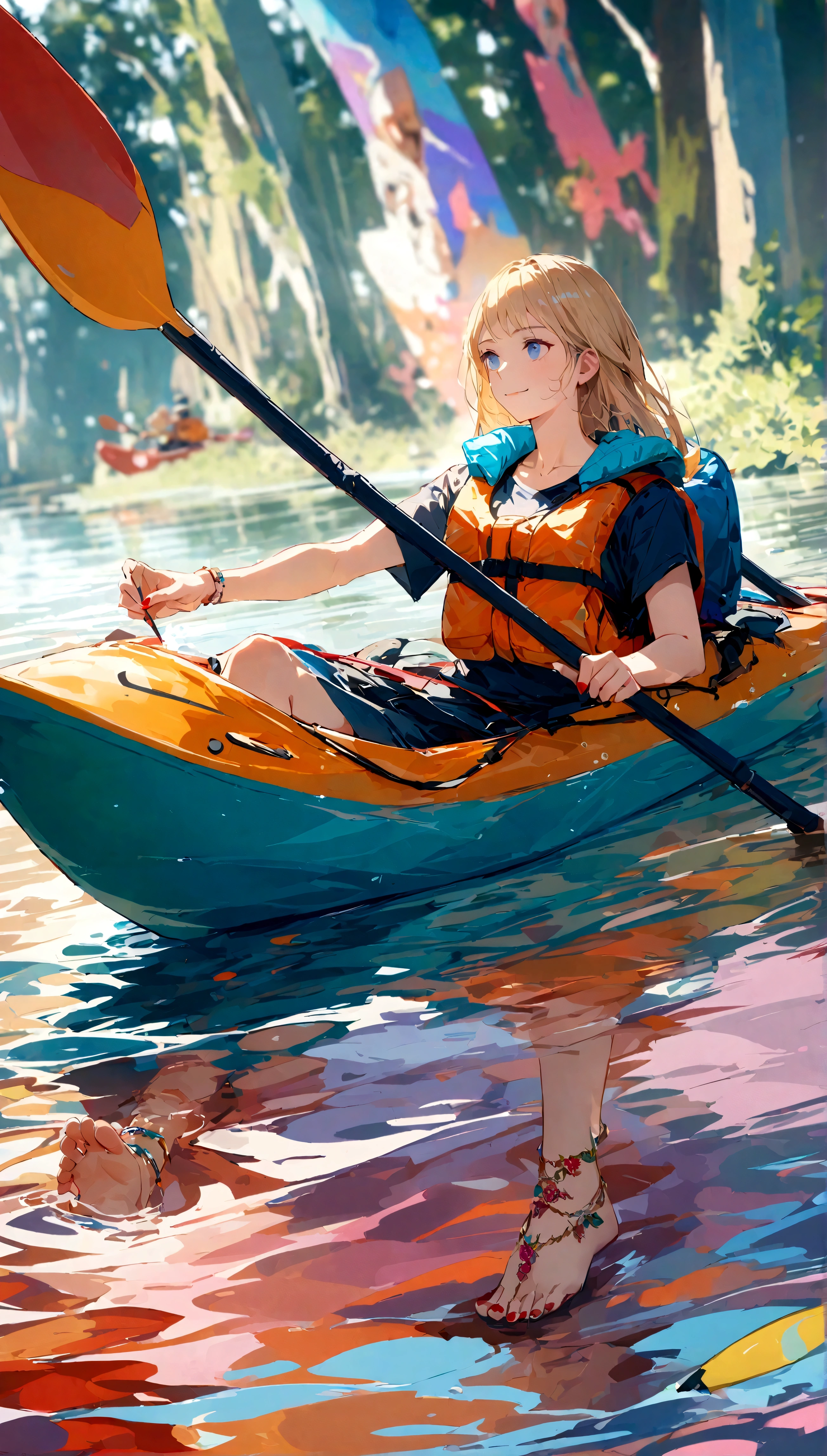 ((Best quality, 8K, Masterpiece: 1.3, Ultra HD, High quality, High resolution, Realism)), Very beautiful Caucasian female 22 years old, Blonde hair color, Blue eye color, Straight hair, Smiling, Slim but well-proportioned body, Blurred background ((Depth of field)), Aerial perspective ((Atmospheric perspective)), Wanting to keep head off-screen, Wearing anklets on ankles, Red nail polish, Getting a pedicure, Lake in the woods, Riding a kayak ((Kayak)), Wearing a life jacket and paddling through the water with an oar
