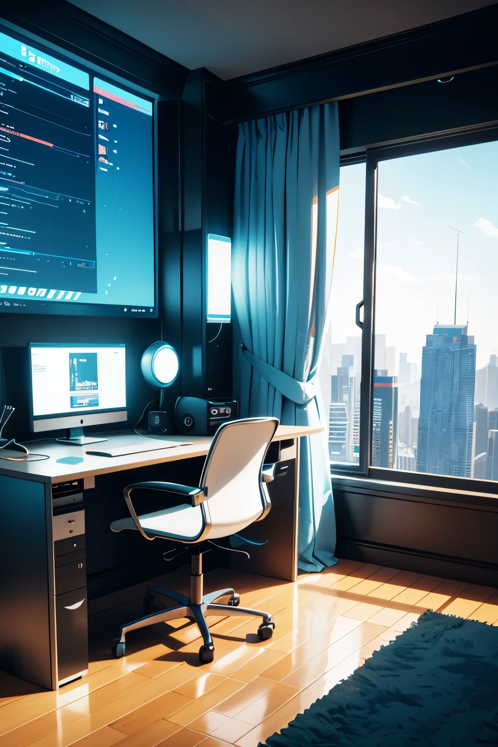 In front of the window there is a computer desk with a monitor and a chair., Futuristic room background, retro Futuristic apartment, Futuristic room, Futuristic interior, Desktop Graphics, Futuristic. Game CG, Futuristic decor, 3D iOS Room Photos, cgsociety 9, Gorgeous 3D rendering, Stunning 3D rendering, Stunning 3D rendering, Apartments in cyberpunk