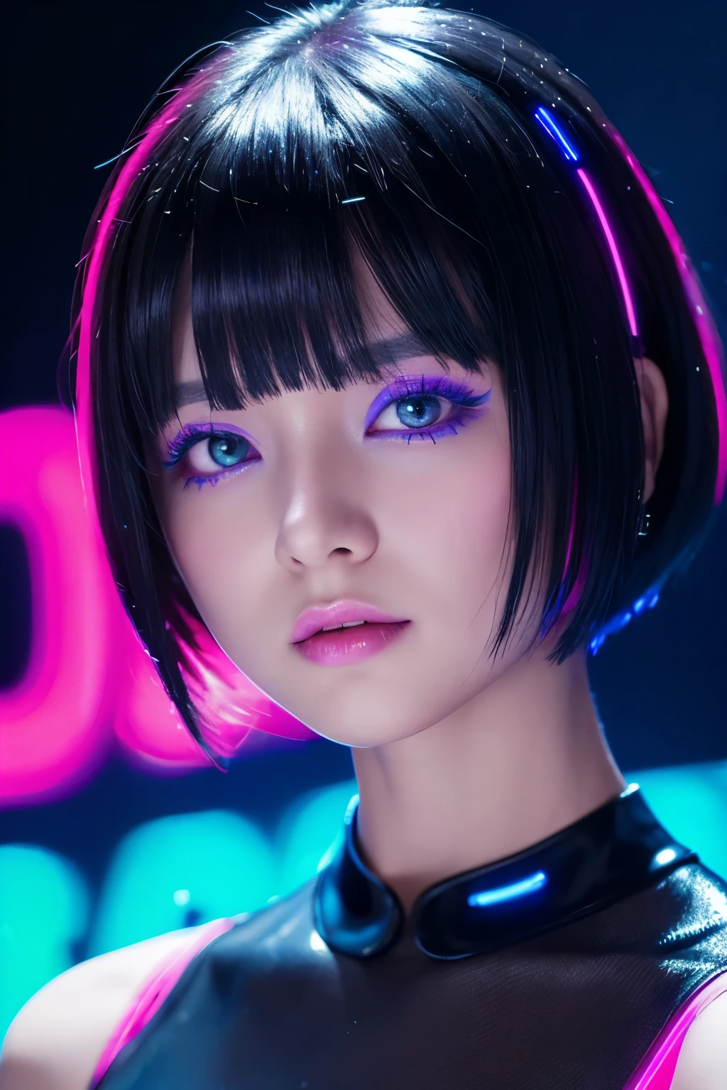 The background is a scene lit up with neon lights.、A woman with a black bob cut is standing。Her hair is shiny、Face is turned sideways、Staring at the camera。Blue and pink neon lights glow behind her、Vivid light bokeh is used effectively。The women&#39;s costumes are traditional Japanese clothing.、The neon light reflections create a modern atmosphere.。The overall atmosphere is fantastical and cyberpunk.。