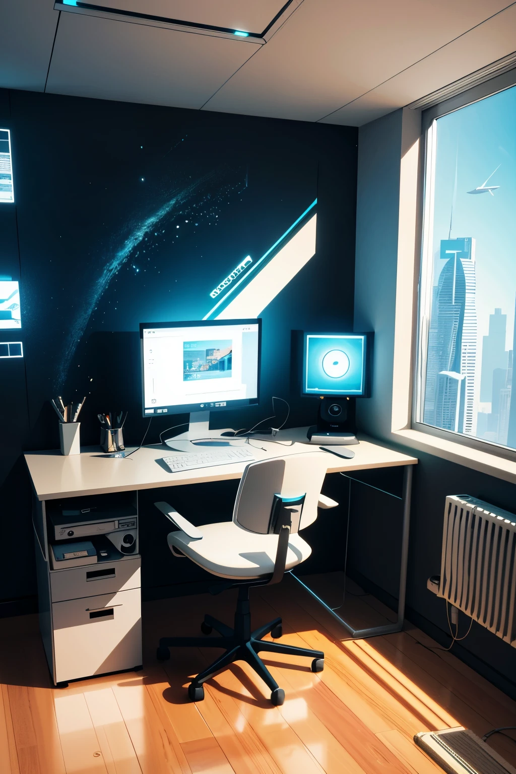In front of the window there is a computer desk with a monitor and a chair., Futuristic room background, retro Futuristic apartment, Futuristic room, Futuristic interior, Desktop Graphics, Futuristic. Game CG, Futuristic decor, 3D iOS Room Photos, cgsociety 9, Gorgeous 3D rendering, Stunning 3D rendering, Stunning 3D rendering, Apartments in cyberpunk