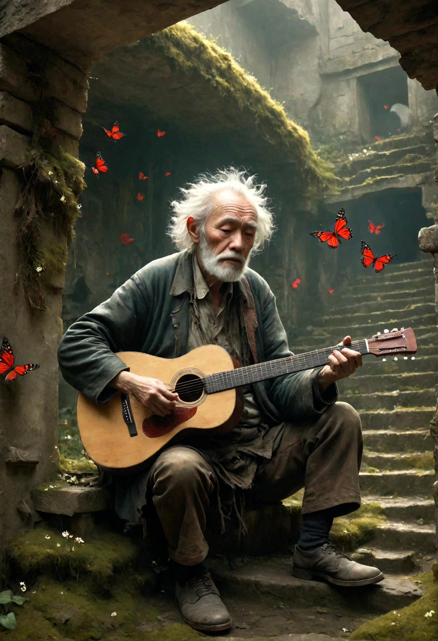 Wandering old man playing guitar, depressed, desolate, moss covered, Dilapidated, dirty, (best quality,4k,8K,High resolution,masterpiece:1.2),Extremely detailed,(Practical,photoPractical,photo-Practical:1.37),Dark Fantasy,severe,Mood lighting,Dramatic shadows,Movie,moody color palette,Soft Tones,Rubbish,rot,weathered，tattered，Small white flowers，Chinese tombs，Dungeons，cemetery，Black and Red，There is a broken bowl in front.，stairs，vine，rainwater，Swarms of glowing butterflies，A group of transparent wandering souls， Ghost