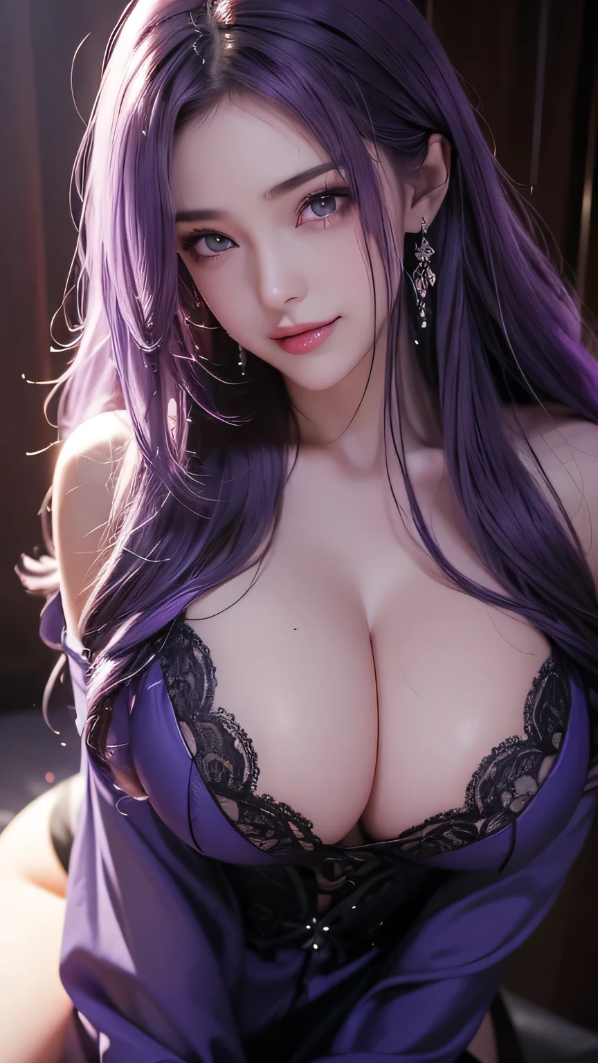 masterpiece, best quality, Very detailed, Facing the camera head on, Very detailed, actual, Uniqueness, Very detailed, Stay focused, Perfect face, Perfect face, Perfect symmetry perfect eyes, Perfect plump lips, Evil smile,Flexible female form, , lamp, Super detailed, hyper actual, masterpiece, atmosphere, high resolution, Full of energy, Happy expression, Long curly hair, purple hair and purple eyes, Upper Body,Huge breasts,Extra large breasts,Breast close-up,Close-up of nipples,On a rainy day,rain,,My Upper Body is already soaked,Watch from above,Sexy face,Her face was filled with ecstasy,Facial expressions of sexual desire, looking at the audience,Wet flesh-colored lace,Looming,Succubus,