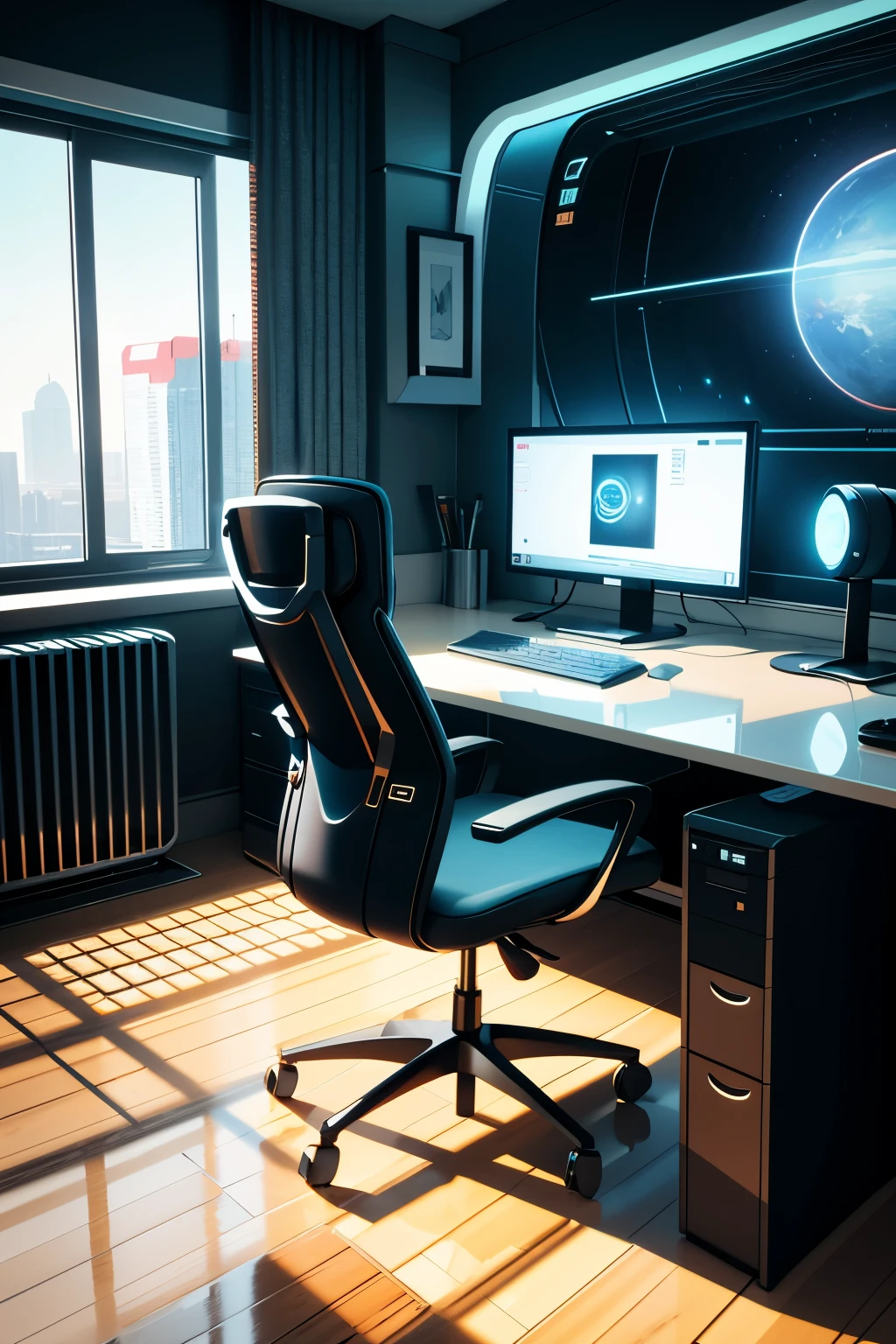 In front of the window there is a computer desk with a monitor and a chair., Futuristic room background, retro Futuristic apartment, Futuristic room, Futuristic interior, Desktop Graphics, Futuristic. Game CG, Futuristic decor, 3D iOS Room Photos, cgsociety 9, Gorgeous 3D rendering, Stunning 3D rendering, Stunning 3D rendering, Apartments in cyberpunk