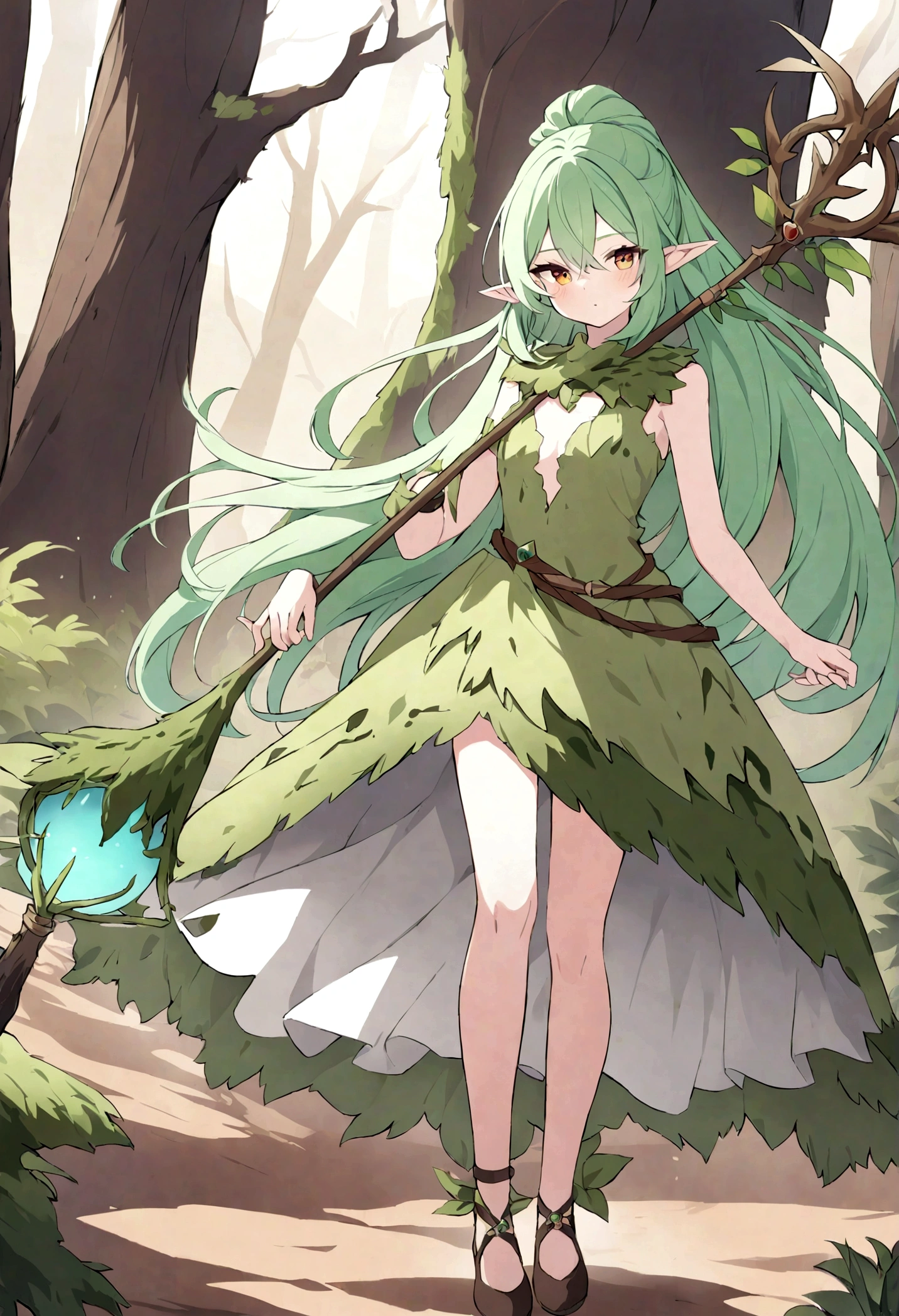 an elf woman, 26 years old, green hair, amber eyes, dressed in plant and moss clothing, simple staff, summoning a beautiful forest in a desert