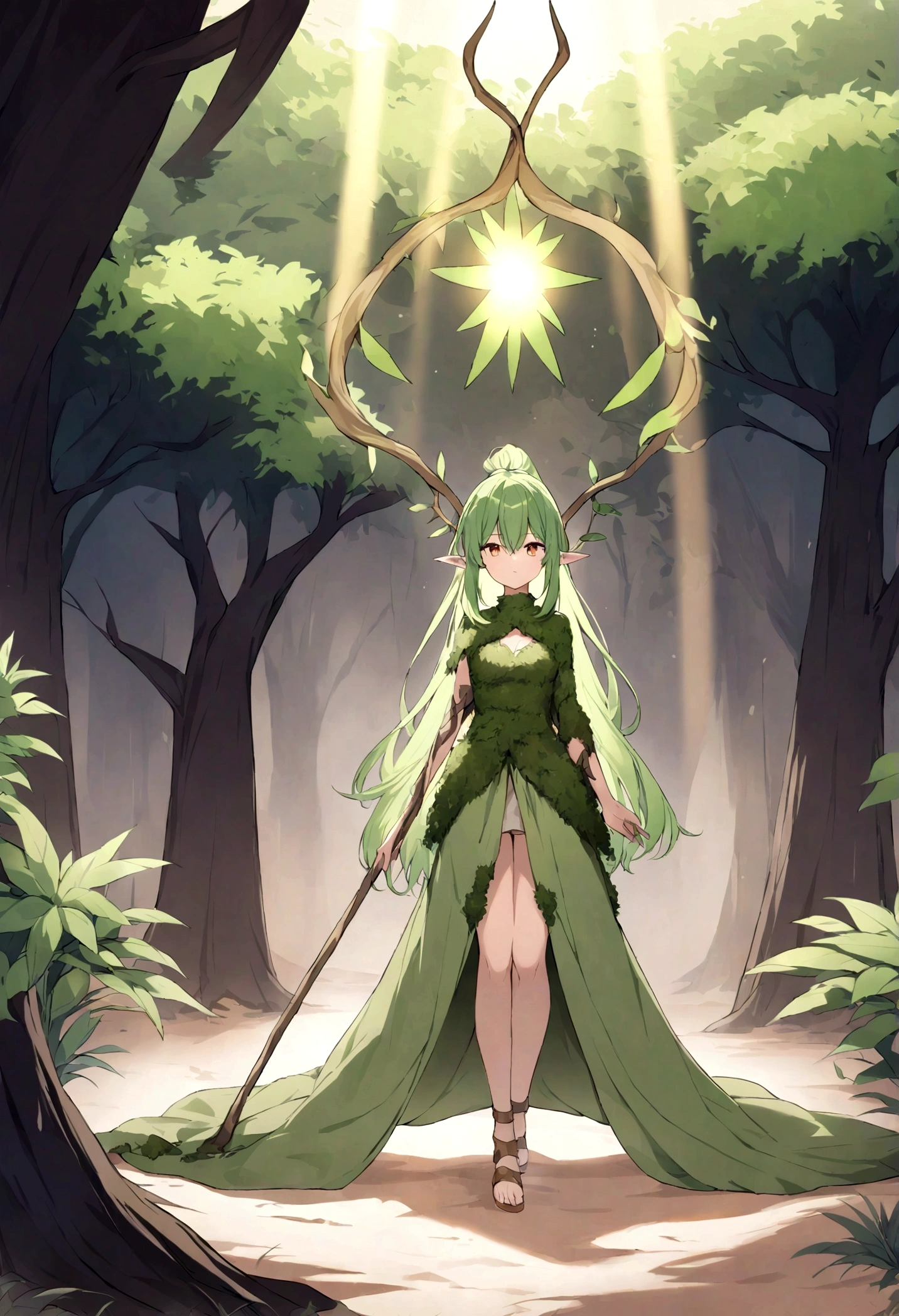 an elf woman, 26 years old, green hair, amber eyes, dressed in plant and moss clothing, simple staff, summoning a beautiful forest in a desert