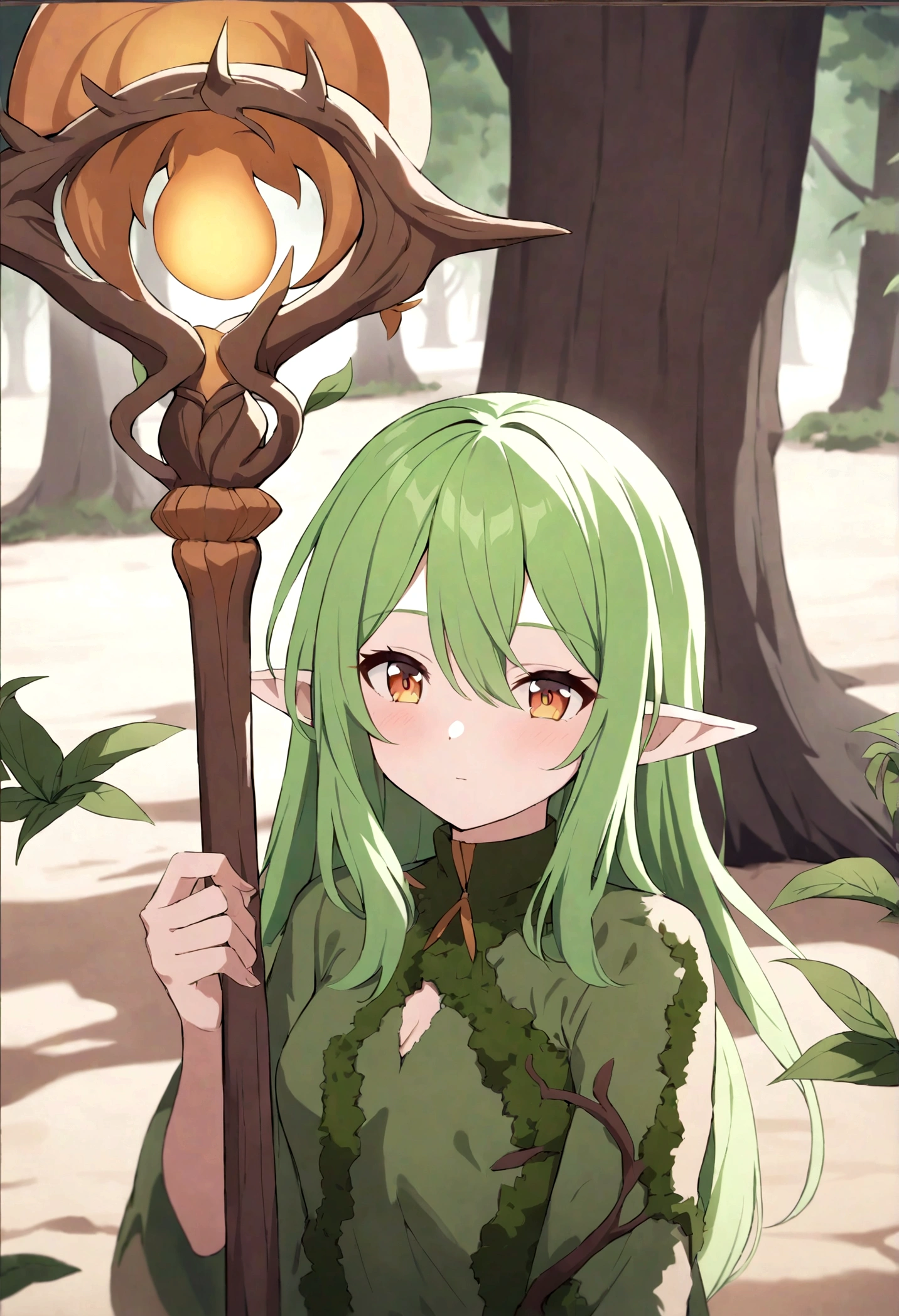 an elf woman, 26 years old, green hair, amber eyes, dressed in plant and moss clothing, simple staff, summoning a beautiful forest in a desert