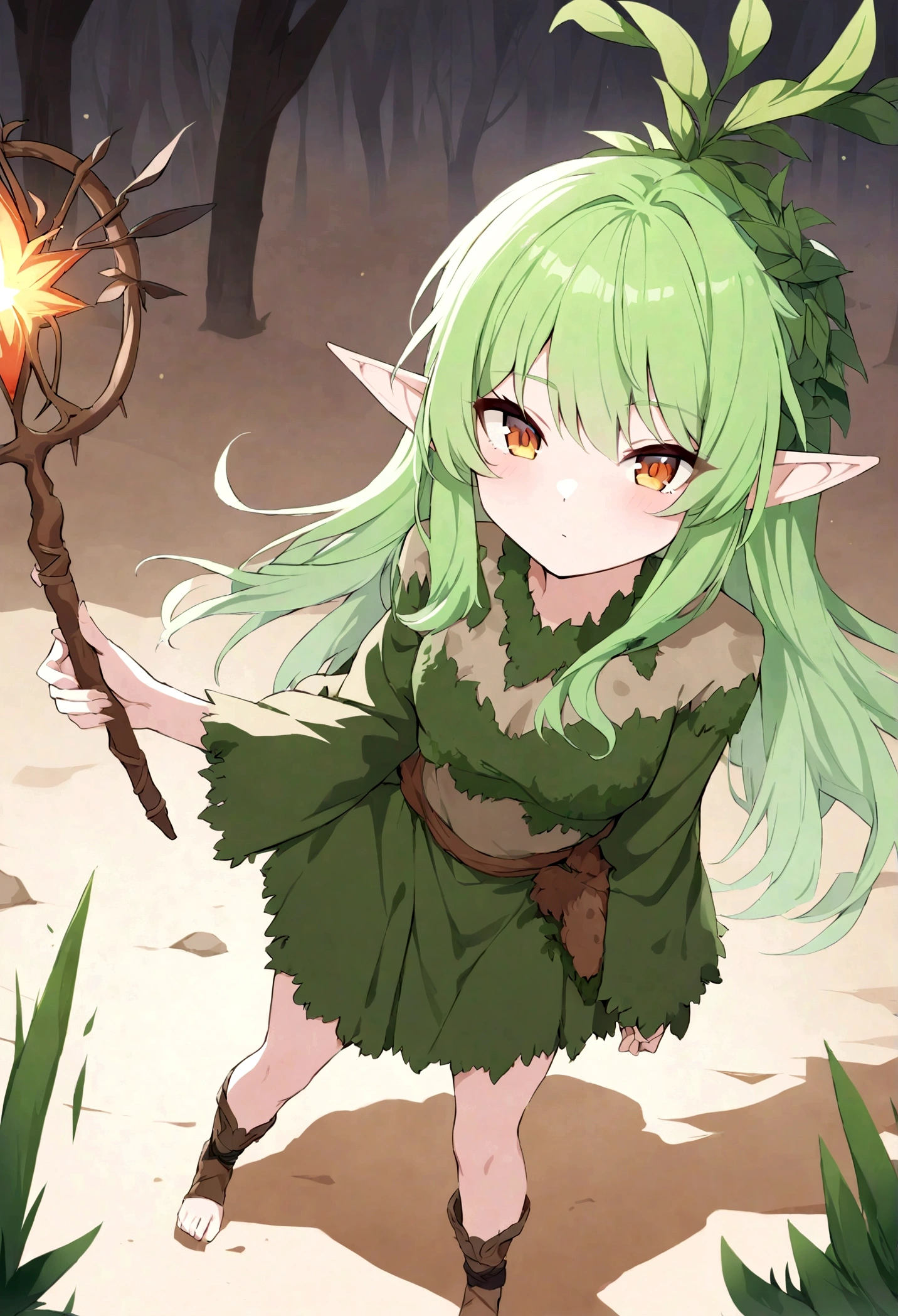 an elf woman, 26 years old, green hair, amber eyes, dressed in plant and moss clothing, simple staff, summoning a beautiful forest in a desert