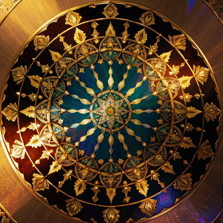 A beautiful mandala that is starting from a five pointed star in the center, growing in iridescent chromed steel flecked with gold, adorned with roses,shining bright, growing in symmetrical designs and arabesques, digital art, masterpiece, highly detailed, 4k resolution, abstract art, oriental art, digital art, photographic