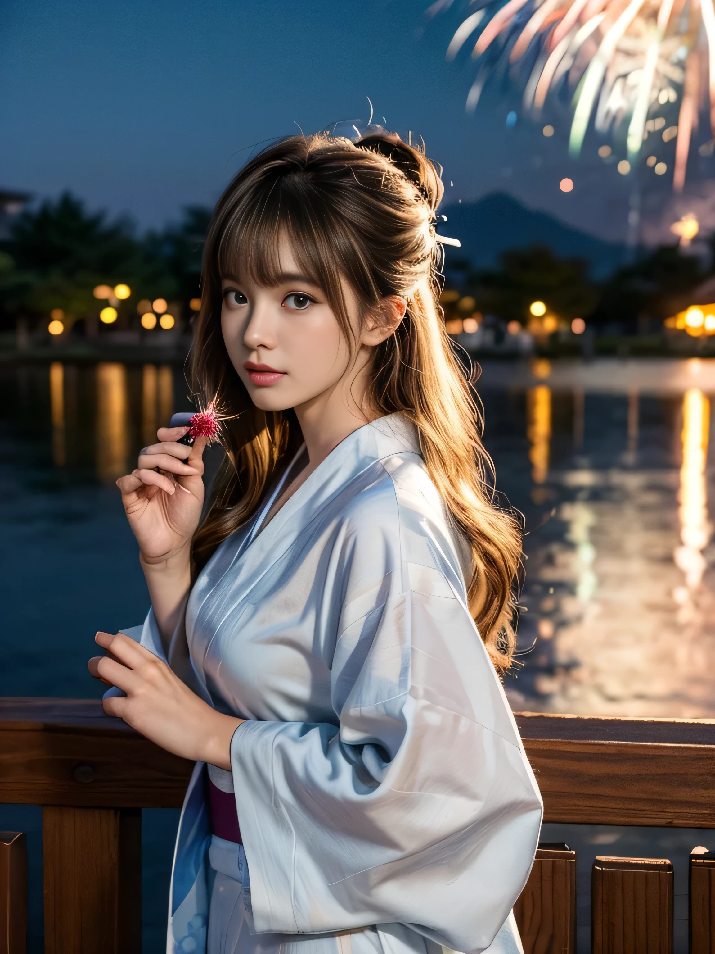 19 years old child, (wearing a loosen pure light yellow yukata:1.3), big round breast, (in Japanese garden:1.3), ((updo hairstyle, Dark blonde hair, wavy hair, long hair, asymmetric bangs:1.2)), (photorealistic:1.2), (ultra realistic:1.3), (very detailed:1.1), ((masterpiece)), (Hand Details:1.4), (at night:1.3), (amazing:1.3), (watching firework display:1.3), (looking at fireworks display:1.3), depth of field, first person view.