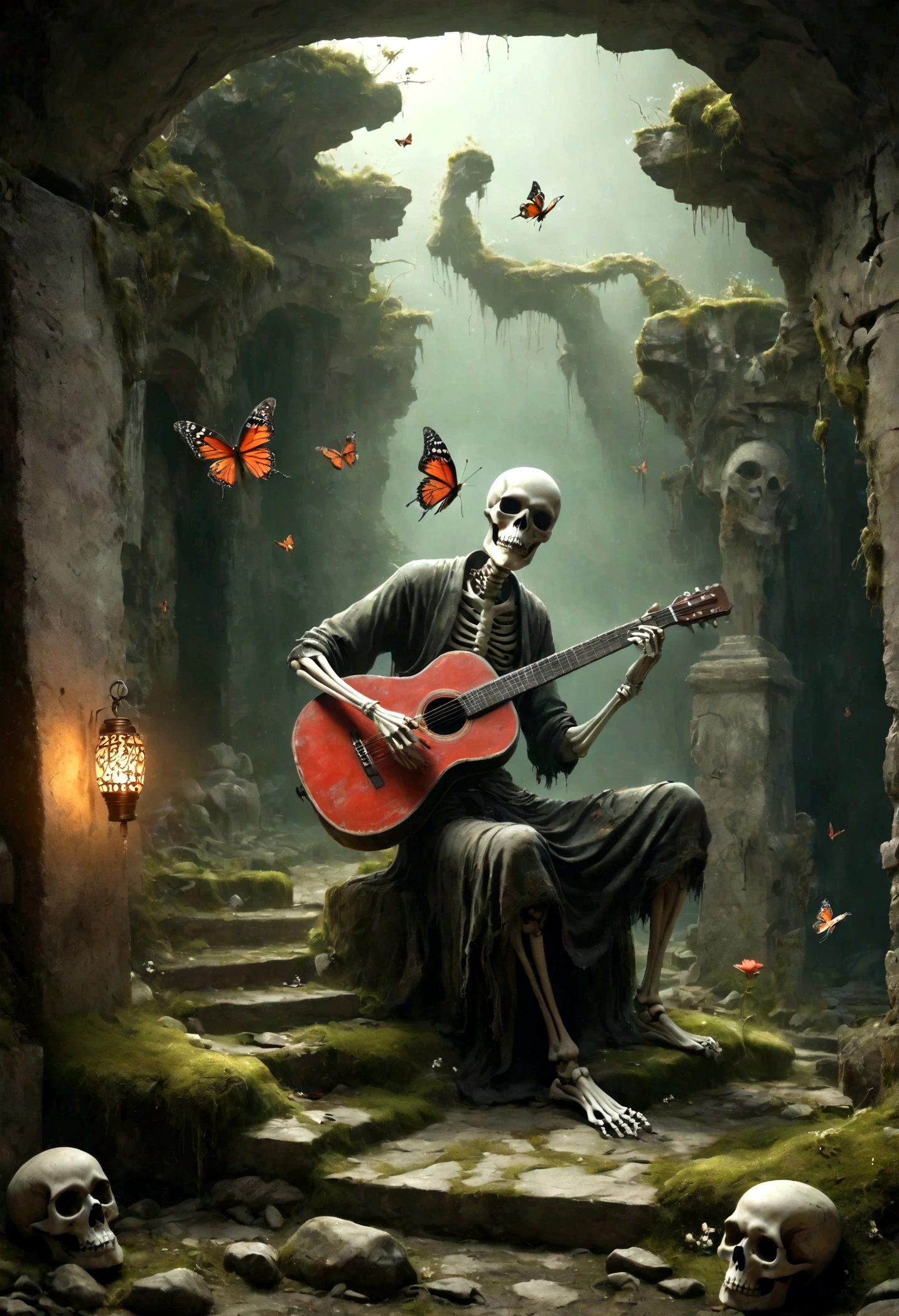 a skeletal figure playing a guitar, melancholic, desolate, moss-covered, dilapidated, squalid, (best quality,4k,8k,highres,masterpiece:1.2),ultra-detailed,(realistic,photorealistic,photo-realistic:1.37),dark fantasy,grim,moody lighting,dramatic shadows,cinematic,moody color palette,muted tones,grunge,decaying,weathered，tattered，Small white flowers，Ancient Chinese tombs，Dungeons，Cemetery，Black red，There is a broken bowl in front.，The Trail，Stairs，vine，rainwater，Swarms of glowing butterflies，A group of transparent wandering souls， Soul Wild Ghost，Look up