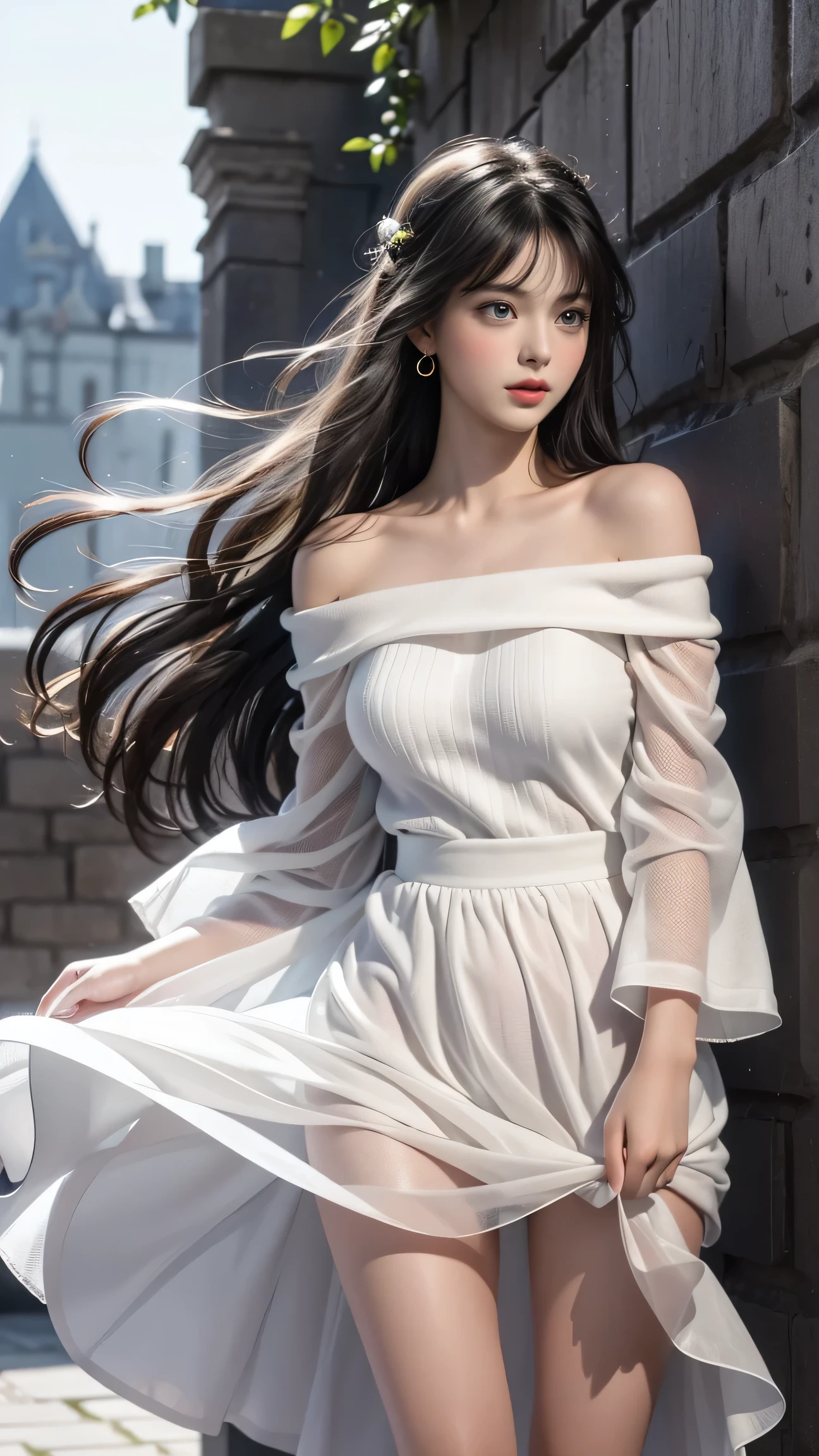 ((Girl standing in front of the wall of an old castle))、Fluorescent color、1 girl、Looking to the side、Beautiful face、Beautiful eyes、(Off the shoulder:1.2)、Upper Body、Shiny Hair、Glowing Skin、 Reduce glare、The proportions of the fingers have been adjusted、Escrow、Pov、Dynamic Angle、(((Master part)))、(((highest quality)))、(((Super-detailed))) detailed)、(An illustration)、(Detailed light)、(Very delicate and beautiful)、Dramatic_Shadow、Ray_Tracking、reflection、 Ultra-high resolution、((A girl with colorful hair and mesh in her black hair))、 Her hair flutters in the wind、(Large deep blue eyes)、Black Haired Woman、 Sparkling Butterfly、Black-haired woman、Points of light around the woman、Magical Aura、Green dot、Aura Sobre Natural、超Magical AuraBlack-haired woman,((White off-the-shoulder semi-transparent white dress:1.3))、(No sleeve)、((My skirt is flying up in the wind)),((An old European castle is hazy in the distance)),((White panties are visible)),