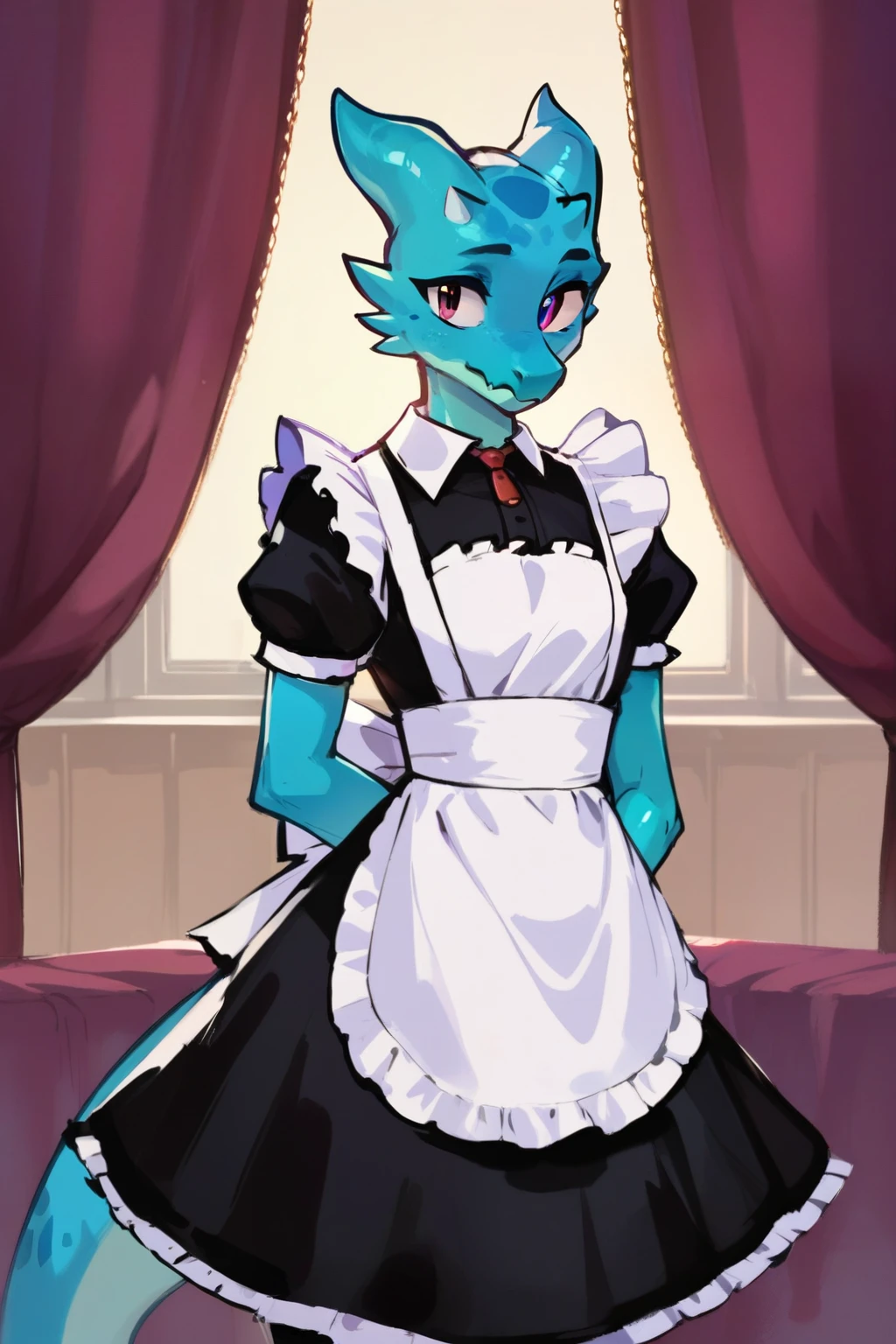 blue kobold, female, maid outfit,, score_9, score_8_up, score_7_up,,