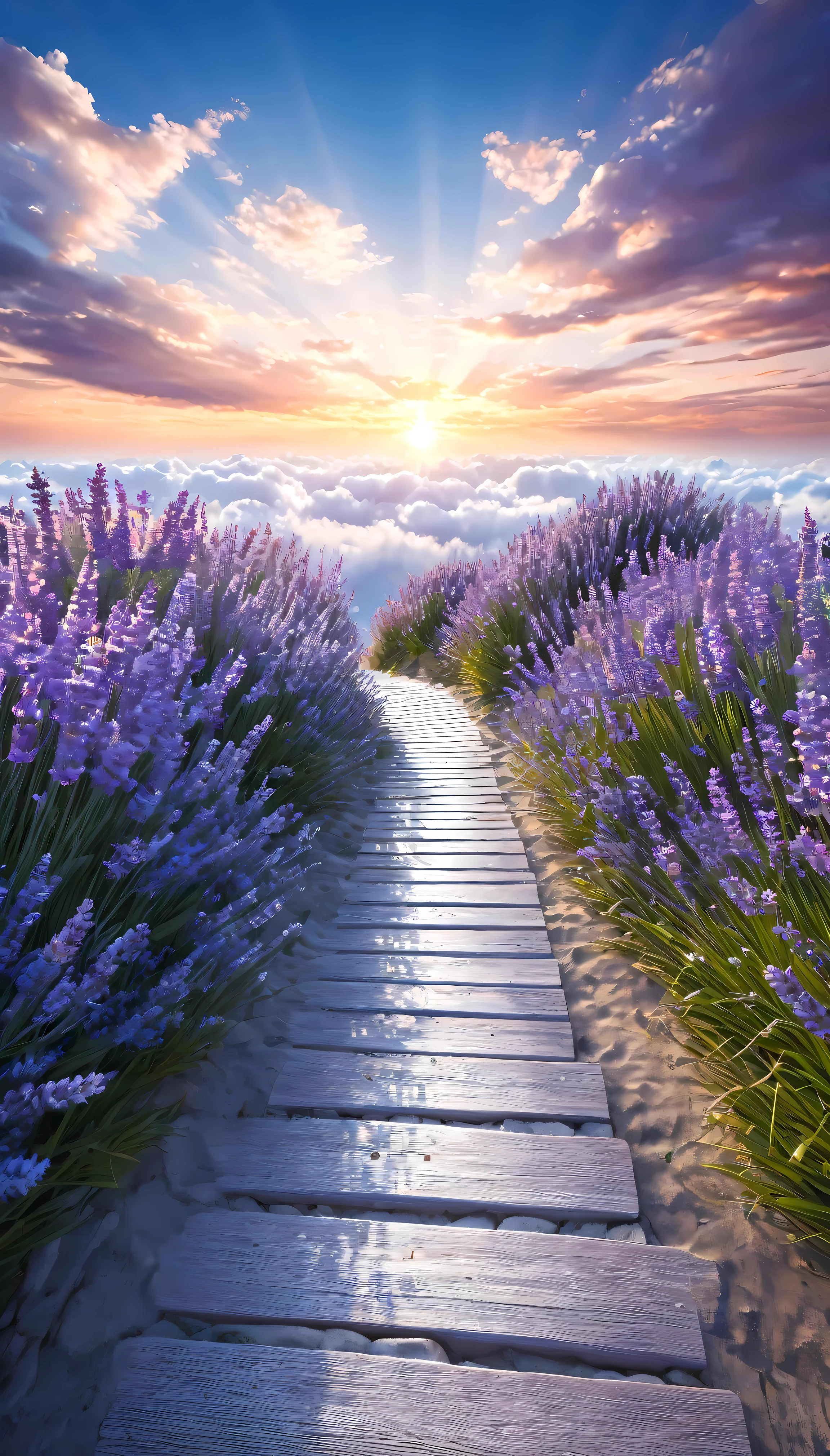 Best quality, masterpiece, super high resolution, "Create an ultra HD 8K image of a breathtaking sky filled with beautiful clouds that form a heavenly pathway. The clouds should be soft, fluffy, and radiant, with varying shades of white and light pastel colors such as pink, lavender, and golden hues. They should appear as if they are gently floating and forming a dreamy, ethereal pathway leading upwards. The sunlight should filter through the clouds, casting a warm, heavenly glow and creating a mesmerizing play of light and shadows. The sky around the clouds should be a rich, deep blue, transitioning to a gentle gradient of colors as it meets the horizon. The entire scene should evoke a sense of awe, peace, and wonder, offering viewers a pleasurable and uplifting visual experience, as if they are gazing upon a pathway to the heavens.