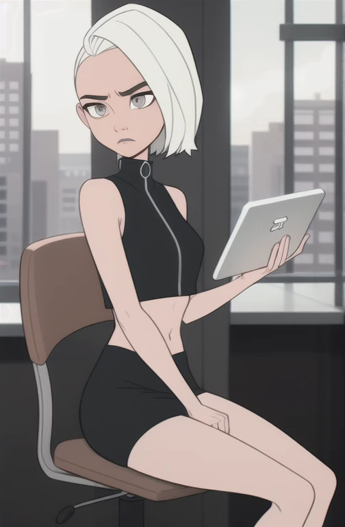 (dark theme:0.6), Glucose, 1 woman, mature and rough face, altushka, clear facial expression, One, short hair, in a black short dress, sleeveless dress, sexuality, Long legs, High growth, bright sun, wound,  1.2), sitting in the VIP room on a chair at the poker table in the middle, sits in the office, big office, Office table, sitting at the computer, computer on desk, looks at laptop, White hair, pomade, decrease, grey eyes, Sharp image, crop top, (HDR:1.22), Muted colors, complex background, Hyper detailed, art [[Jordan Grimmer]], close-up