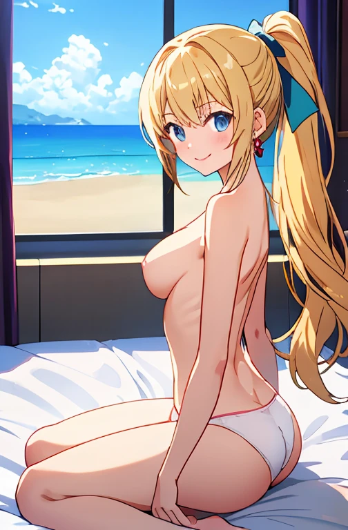 On the bed at the resort hotel The open window overlooks the beach A breeze from outside But only pure white panties topless anime Beauty one person Blonde long hair Ponytail red ribbon Small earrings Blue-green highlights in eyes smile Embarrassing Slightly large breasts Cute pink nipples Sitting cross-legged front whole body Arms support the body behind the back from front