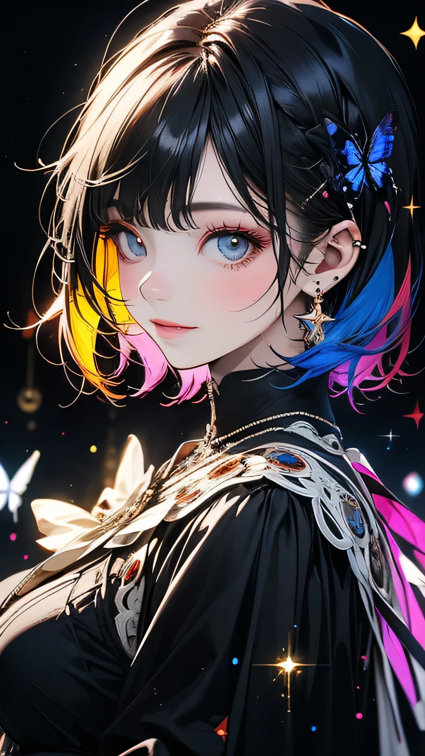 One girl, masterpiece, Very detailed, ((Cinema Lighting)), (Shine), ((Dramatic lighting)), ((Beautiful sparkle)), Super Detail, Lens flare, Multicolored Hair, Rainbow Hair, Short Bob, Colorful dresses, Butterfly hair accessory, butterfly, (Particles of light), Big Breasts, [Curvy], Cowboy Shot, A light smile, Green Eyes, church, Stained glass, Spotlight, Dark Background, Floating Hair, Floating Hair, View Viewer,((colorful))