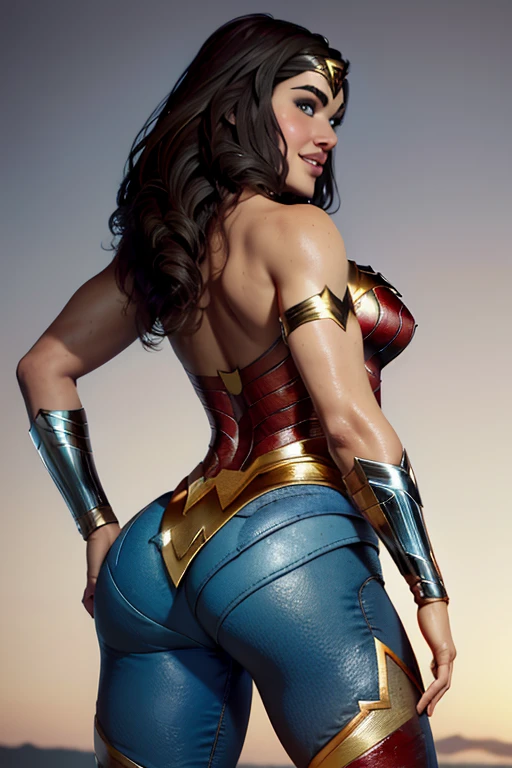 Realistic, Natural Beauty, Masterpiece, Back View Visible, Full Body View Visible, Hailee Steinfeld, Perfectly Accurate Face Proportion, Realistic Light Blue Eyes, Thick Eyebrows, Wonder Woman, Wonder Woman Tiara, Curve Wide Hips, Round Ass, Toned Thighs, Toned Arms, Grin On Her Face, In a slightly crouched position, the tight suit stretches over Wonder Woman's muscular form, accentuating the shape of her buttocks. Her stance, with one leg slightly forward, highlights the defined curves and the fit of her costume, emphasizing her readiness for action.