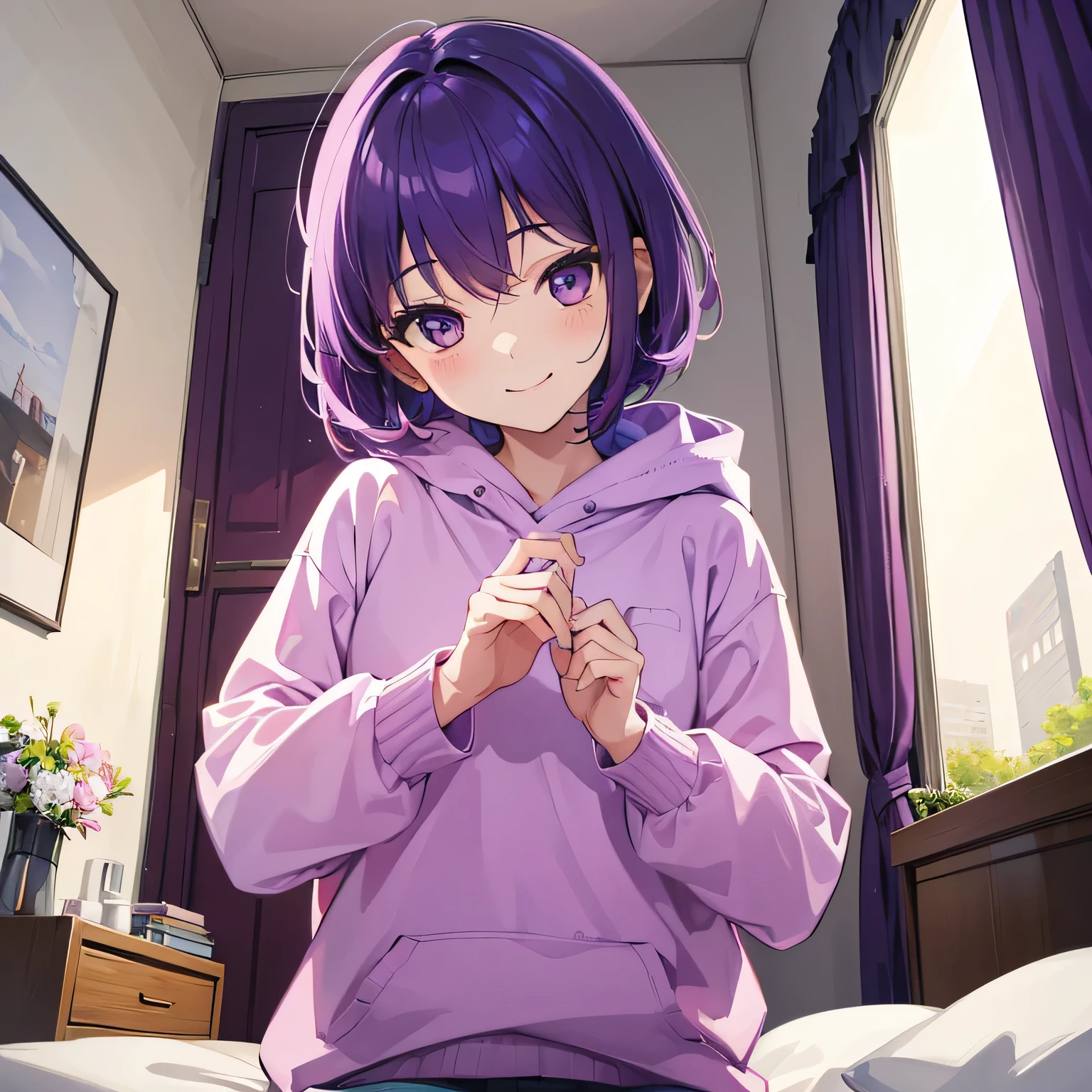 (T Masterpiece,4K wallpaper,Best Quality))、((girl1people))、(solo)、Bright and Brilliant,(Purple Hair)、(Shortcuts:1.3)、smile、Bedroom、sweater、morning