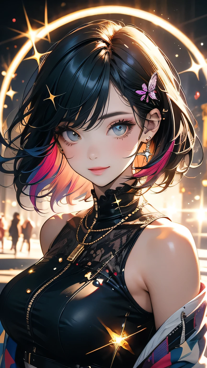 One girl, masterpiece, Very detailed, ((Cinema Lighting)), (Shine), ((Dramatic lighting)), ((Beautiful sparkle)), Super Detail, Lens flare, Multicolored Hair, Rainbow Hair, Short Bob, Colorful dresses, Butterfly hair accessory, butterfly, (Particles of light), Big Breasts, [Curvy], Cowboy Shot, A light smile, Green Eyes, church, Stained glass, Spotlight, Dark Background, Floating Hair, Floating Hair, View Viewer,((colorful))