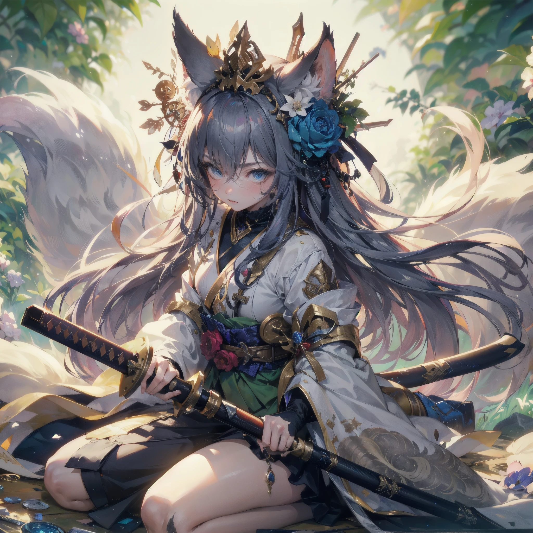 A fantasy Wasteland battles hand-in-hand through a wasteland full of pitfalls. The camera zooms in on the girl, capturing her determination. The cool girl, with wolf ears,wolf tail, wears thin leather armor and dark cloak. As the zoom progresses, the focus shifts to her hands, highlighting the worn and weathered textures that symbolize her journey and the hardships she has endured. This message is realized in a mixed-media sculptural style, combining elements of metalwork and textile art to represent the characters and their resilience in three-dimensional form.
