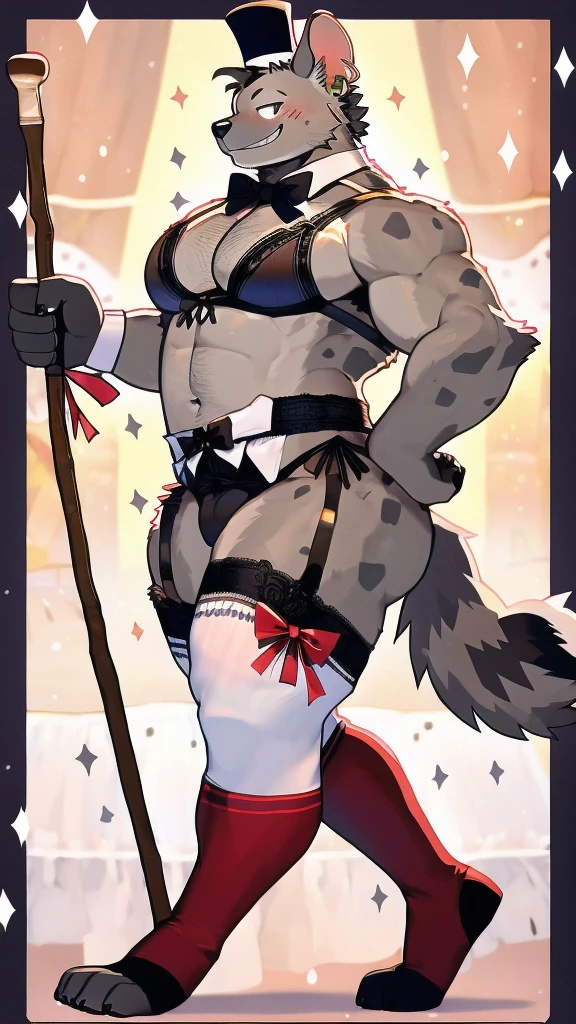 1 person、Middle Age、Stubble、gray spot hyena man, Grey body、masterpiece、highest quality、Wearing a top hat with rabbit ears、Revealing black lace underwear、Bra with ribbon、Knee-high socks、garter belt、Blushing、smile、casino、Swollen crotch、Earrings、Walking stick、Side view、Ass