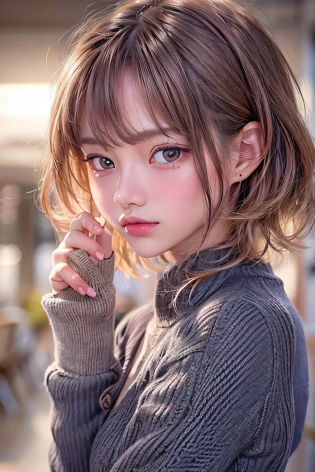 masterpiece, 1 Beautiful girl, Fine grain, highest quality, Ultra High resolution, (reality: 1.4), Cinema Lighting, Beautiful Skin, (Ultra-realistic), (High resolution), (8k), (Very detailed), ( Best illustrations), Pouting slightly, (Crystal colorful lights), Extremely refined and beautiful, beautiful detailed eyes, Round eyes, detailed facial features, (Round pupils:1.4), (alluring face), Glistening Lips, blush, (small breasts:1.3), Open lips, (Beautiful and detailed face, Beautiful and delicate eyes), pink cheek, mascara, brown hair, short hair, (back shot:1.3), (lower body:1.3), school, foot, navy blazer, navy pleated skirt, , (chubby thighs:1.1), feet, legs, socks, (loafers:1.2), standing