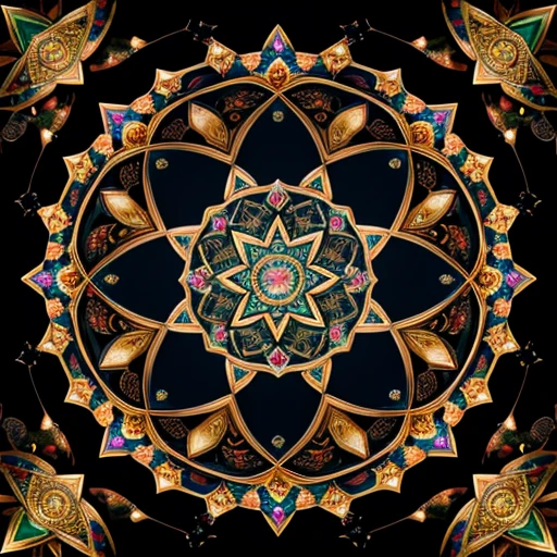 A beautiful mandala that is starting from a five pointed star in the center, growing in iridescent chromed steel flecked with gold, adorned with roses,shining bright, growing in symmetrical designs and arabesques, digital art, masterpiece, highly detailed, 4k resolution, abstract art, oriental art, digital art, photographic