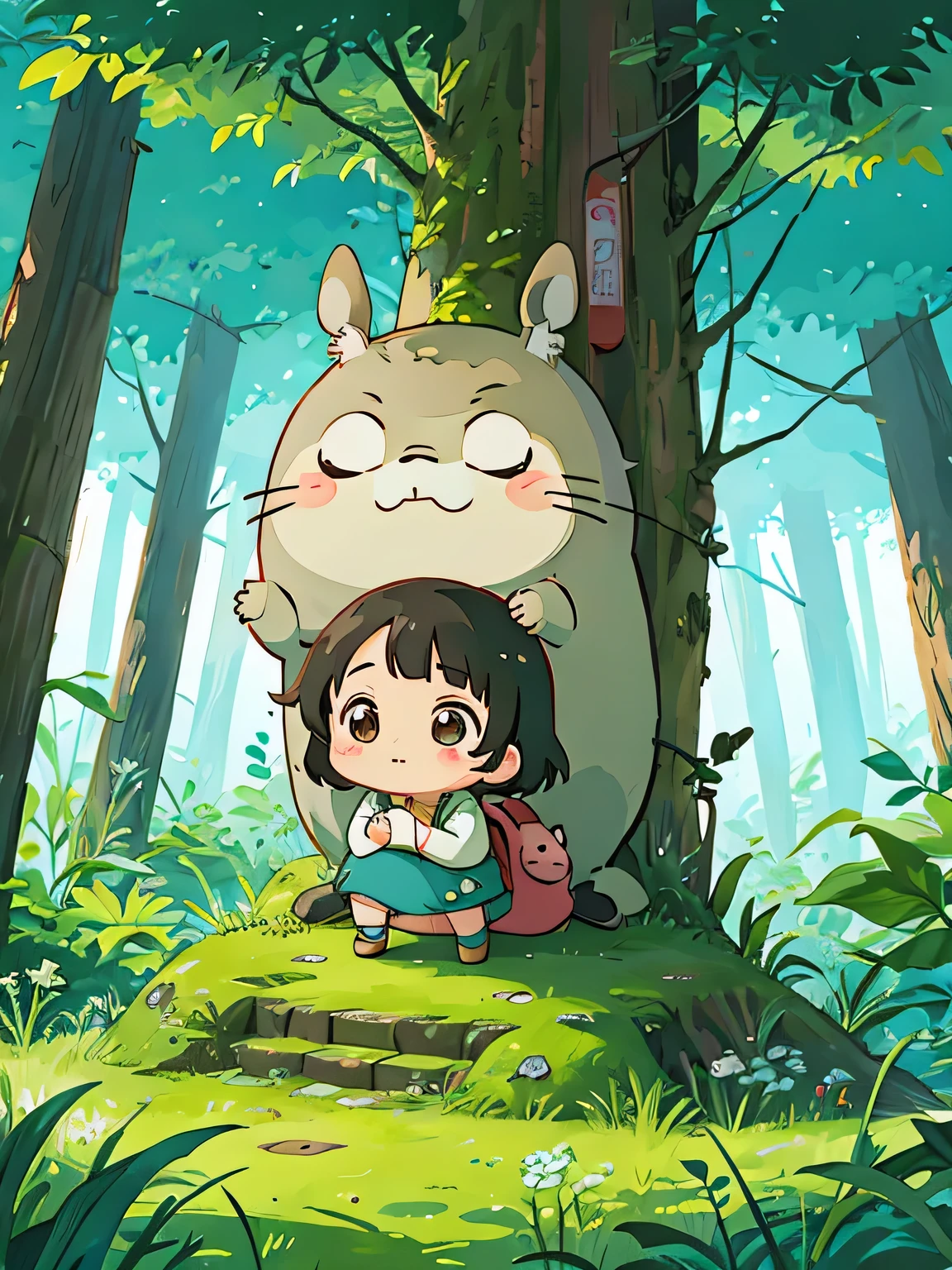 Hayao Miyazaki style, Kawaii Design, most beautiful girl ever、Chibi, president, totoro forest