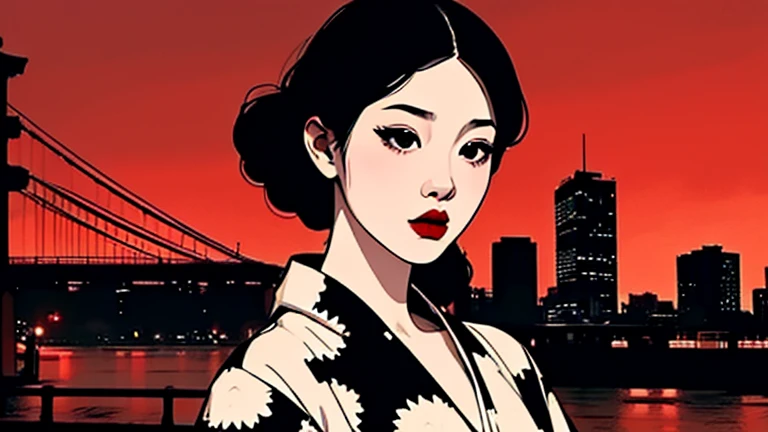 1girl, expressive black eyes, black hair, black patterned clothes dress, big city in sunset in background, detail richness, masterpiece, best quality, Junji Itō style, black and white art
