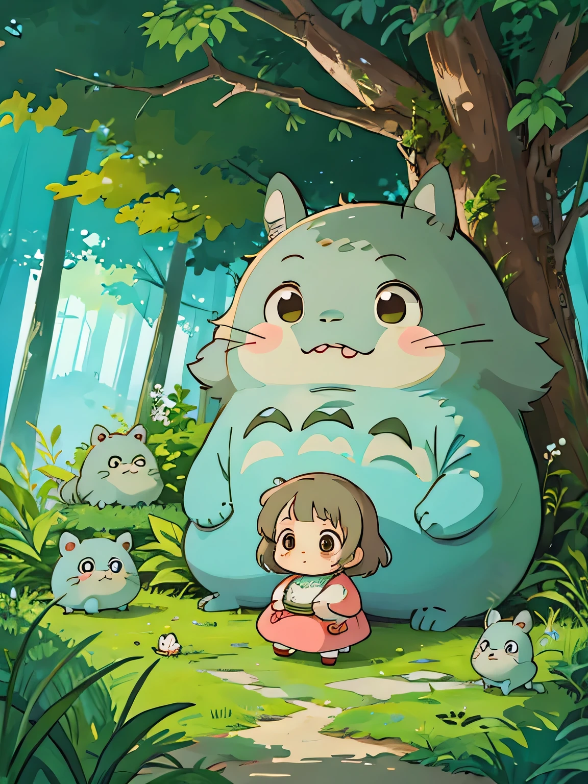 Hayao Miyazaki style, Kawaii Design, most beautiful girl ever、Chibi, president, totoro forest