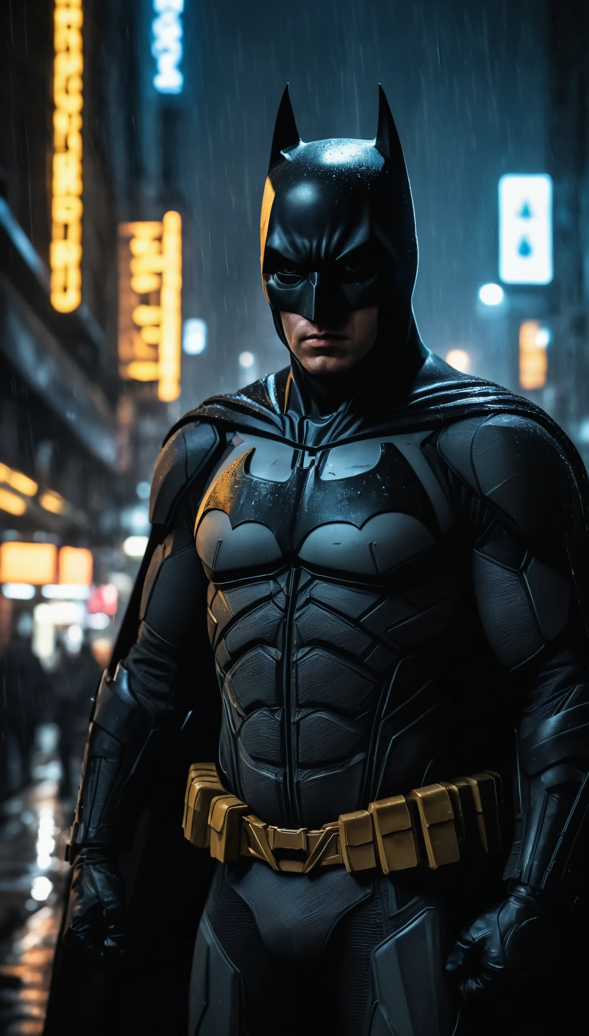 Uma noite silenciosa, Batman lurking in the shadows, The moonlight casting an ominous glow, o contorno de uma capa escura e capuz, intense eyes shining through the darkness, uma atmosfera chocante e misteriosa, gothic architecture in the background, rain-soaked city streets reflecting neon lights, A symbol of justice in the night, intense action and heroic poses, tons arenosos e escuros, capturing the essence of the Dark Knight, An iconic hero of the night. (melhor qualidade, 4k, high resolution, ultra-detalhado), (realista, photorealista), Dark, moody lighting, cores intensas e vibrantes, dynamic and dramatic composition, capturing the essence of Gotham City&#39;s dark and dangerous atmosphere, Uma obra-prima da arte do Batman.