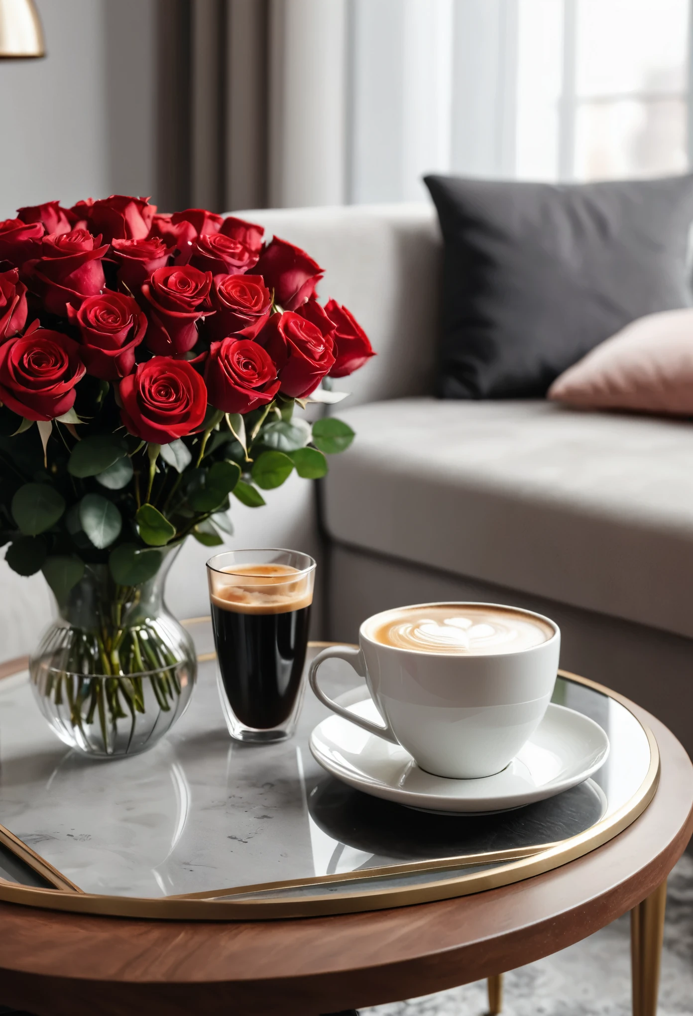 close-up of a coffee table with a bouquet of red roses and a cup of coffee in the background, 8k