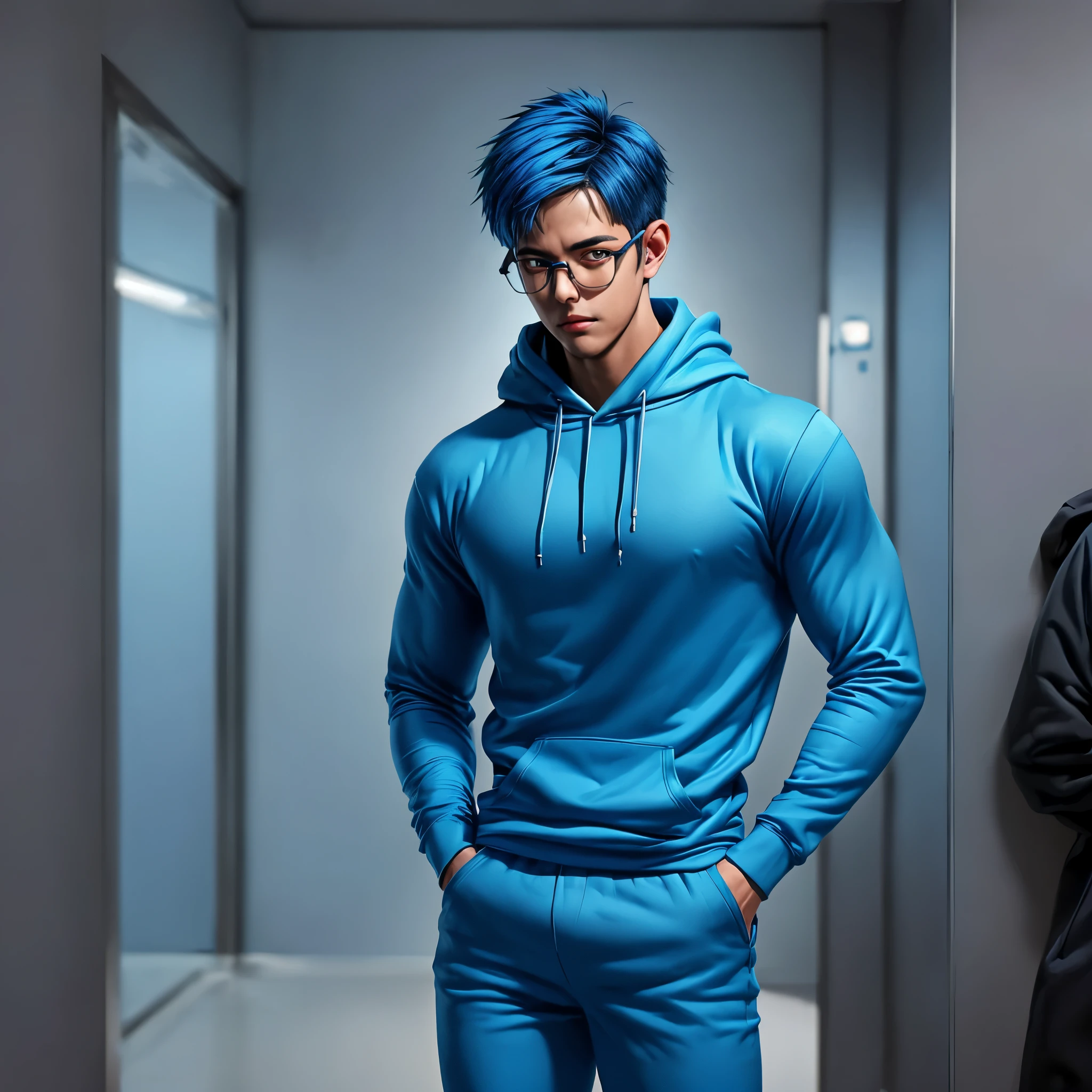 A handsome young man stands tall, his muscular physique complemented by a blue hoodie and matching blue pants. He wears glasses and has a love for music. As an introvert, he enjoys keeping to himself. His striking blue hair completes his look, adding a vibrant touch to his reserved demeanor.