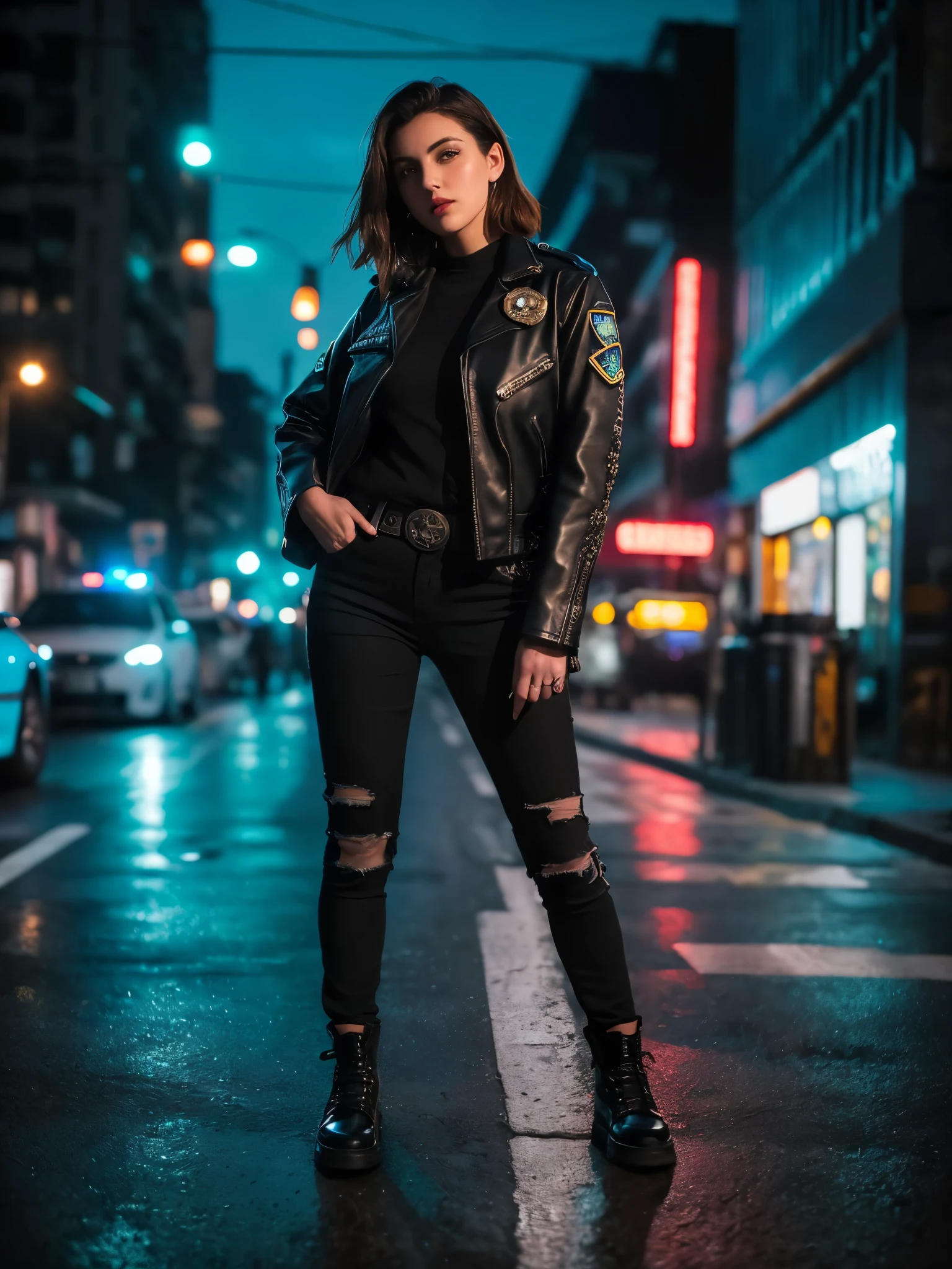 (((masterpiece))), (((highest quality: 1.4))), ((Very detailed: 1.4)) , ((Full Body Shot)), (Shooting from the side), Portrait of a beautiful female model natlp, Georgia Fowler, Beautiful Face, Short dark brown hair, Cyberpunk city at night. She is wearing a leather jacket, Black jeans, Dramatic lighting, (Police Badge:1.2)