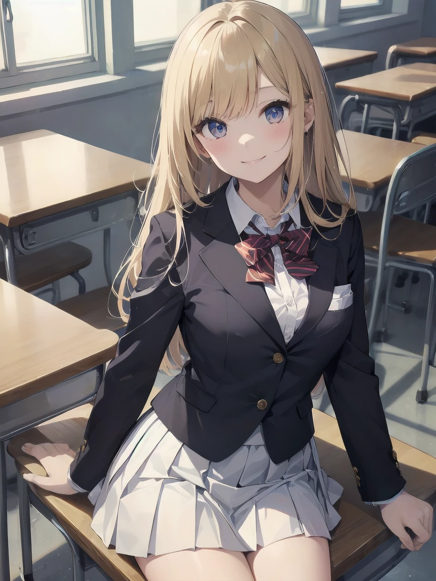 In one girl、smile、fun、High school blazer with popular design、shirt、pleated skirt、white skirt、(small breasts)en clase