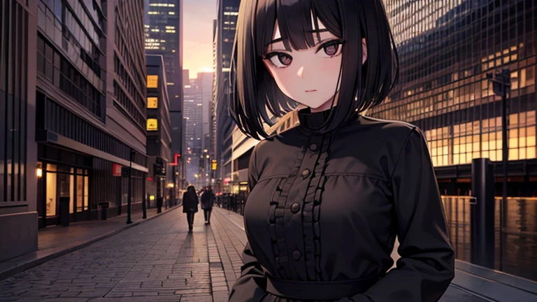1girl, expressive black eyes, black hair, black patterned clothes dress, big city in sunset in background, detail richness, masterpiece, best quality, Junji Itō style, black and white art